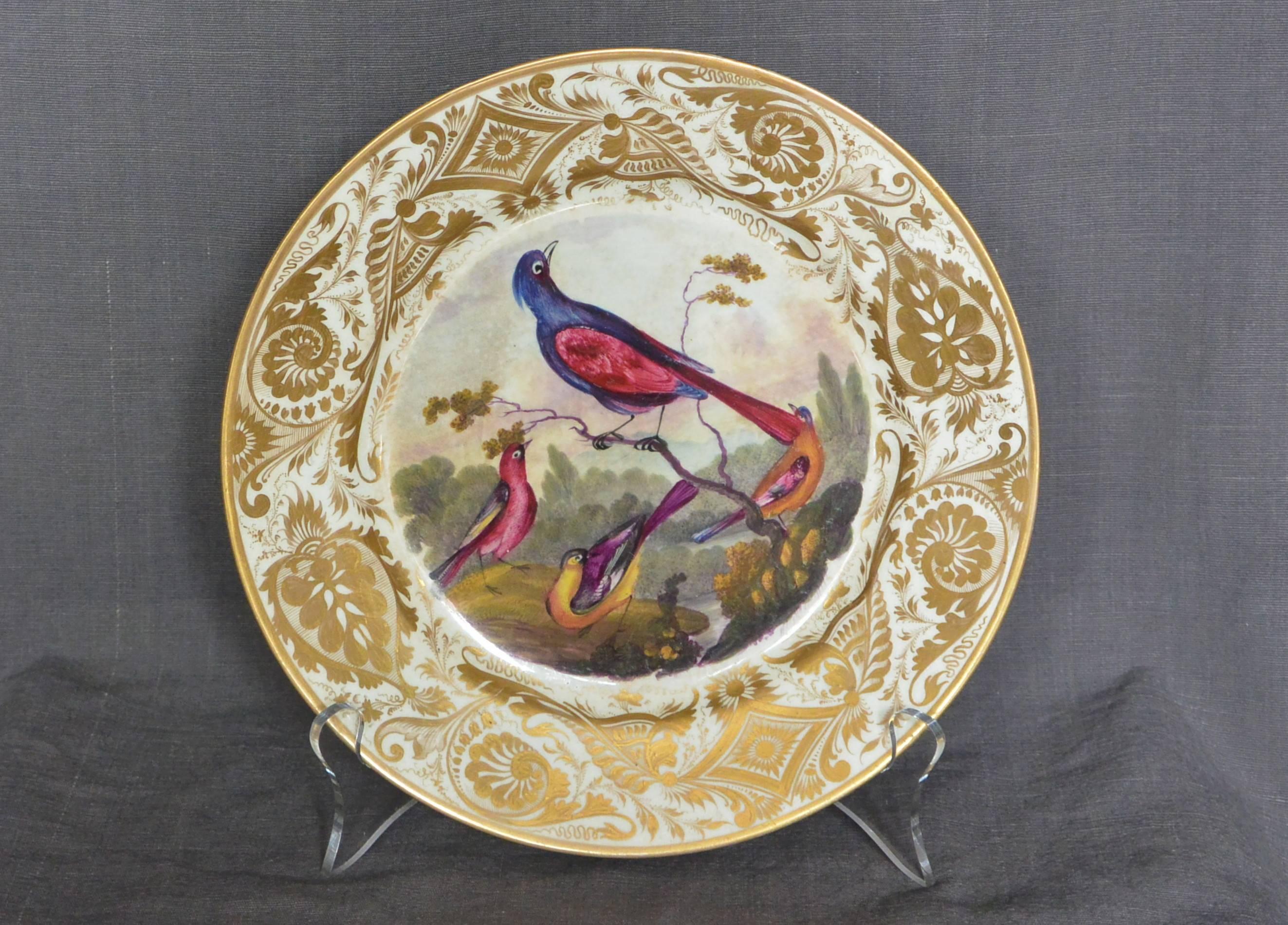 Derby gilt bird plate. Antique and rare English hand-painted and gilt plate by George Complin with gorgeous gilt border centering fantastical richly painted birds in magenta, puce, blue and yellow in a landscape. Under-glaze markings for Derby. 