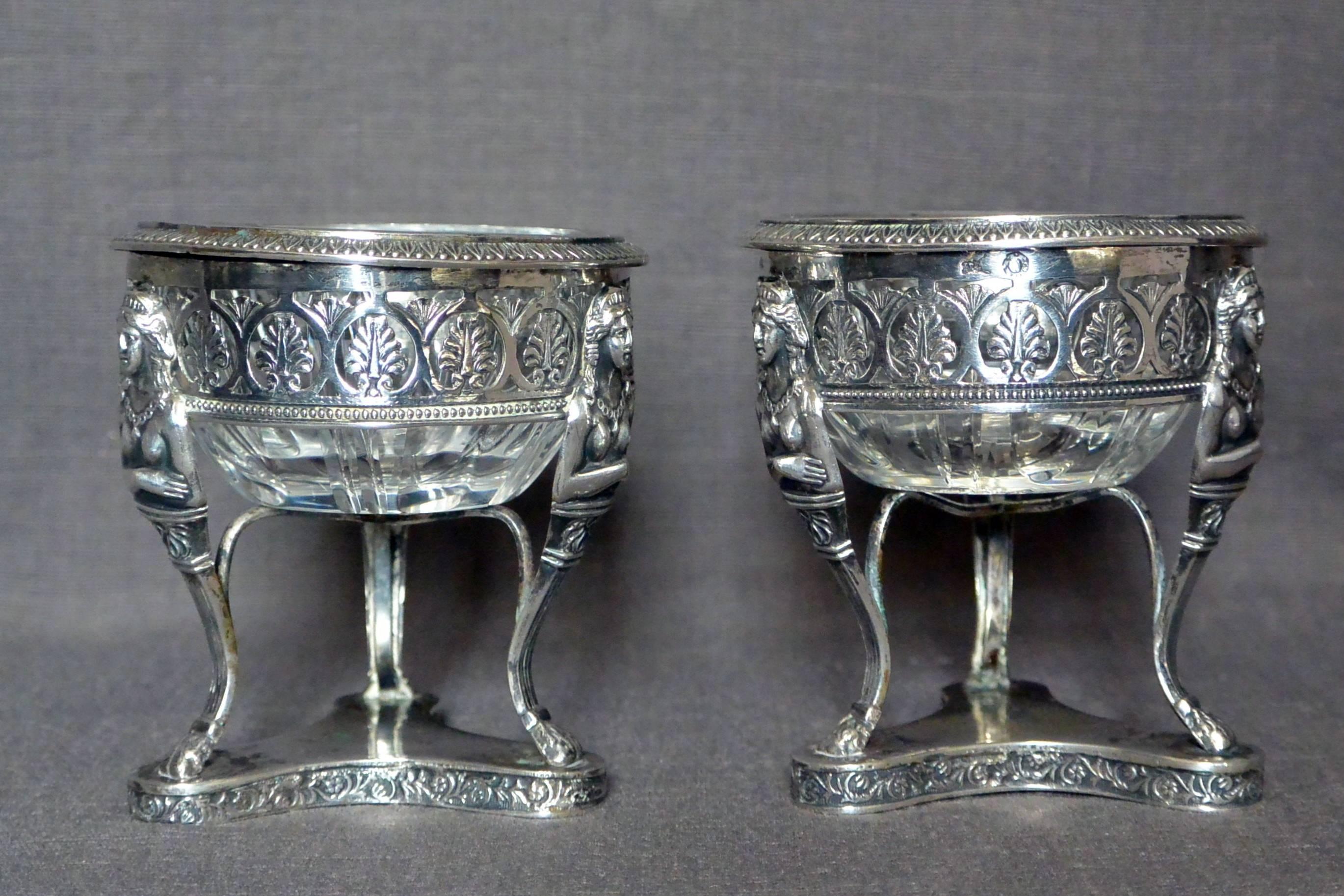 19th Century Pair Italian Neoclassical Silver Salts With Hermes For Sale
