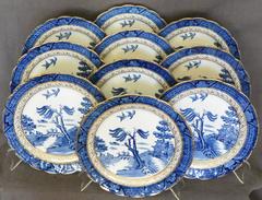 Set of Gilded Blue and White Chinoiserie Dessert Plates