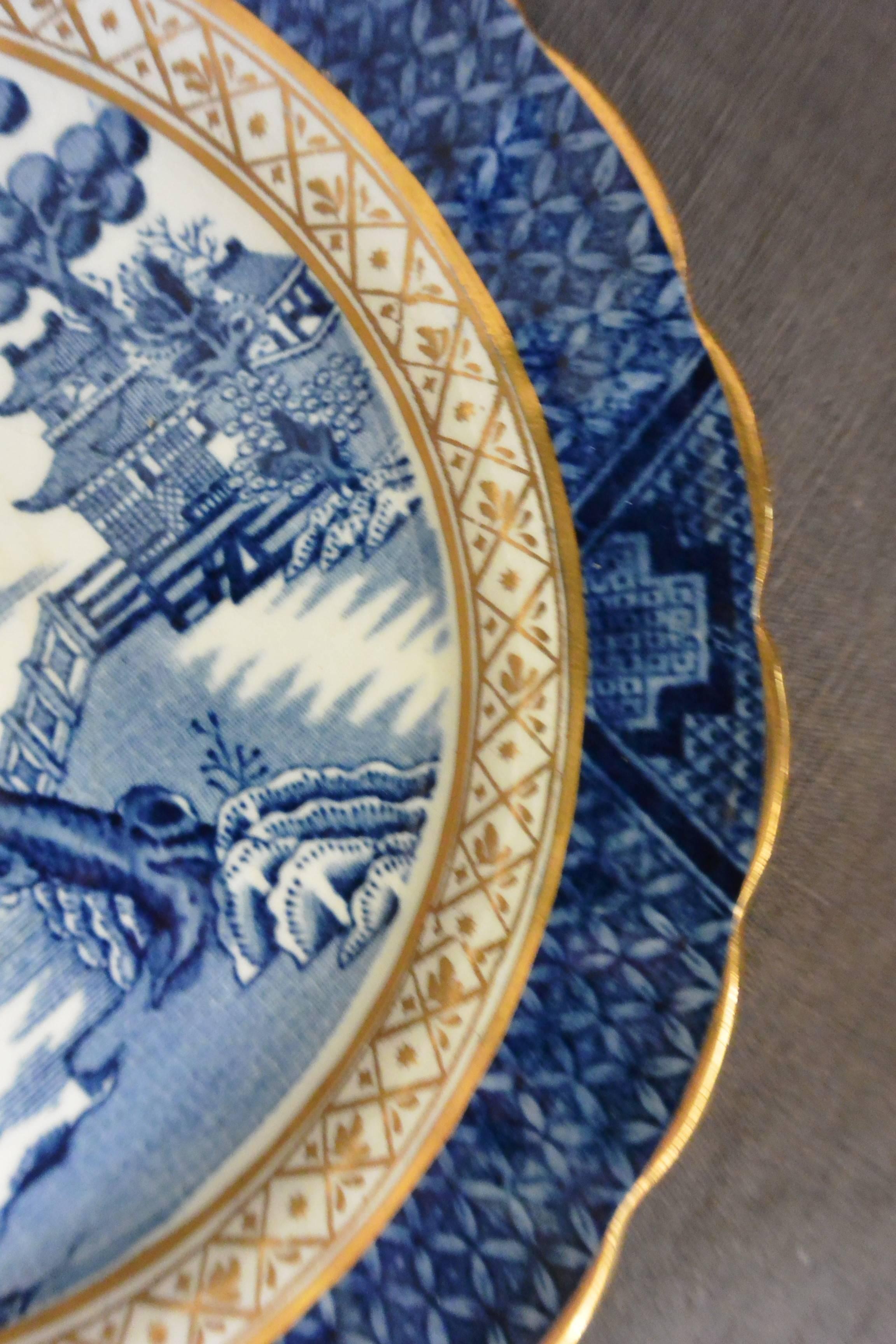 English Set of Gilded Blue and White Chinoiserie Dessert Plates