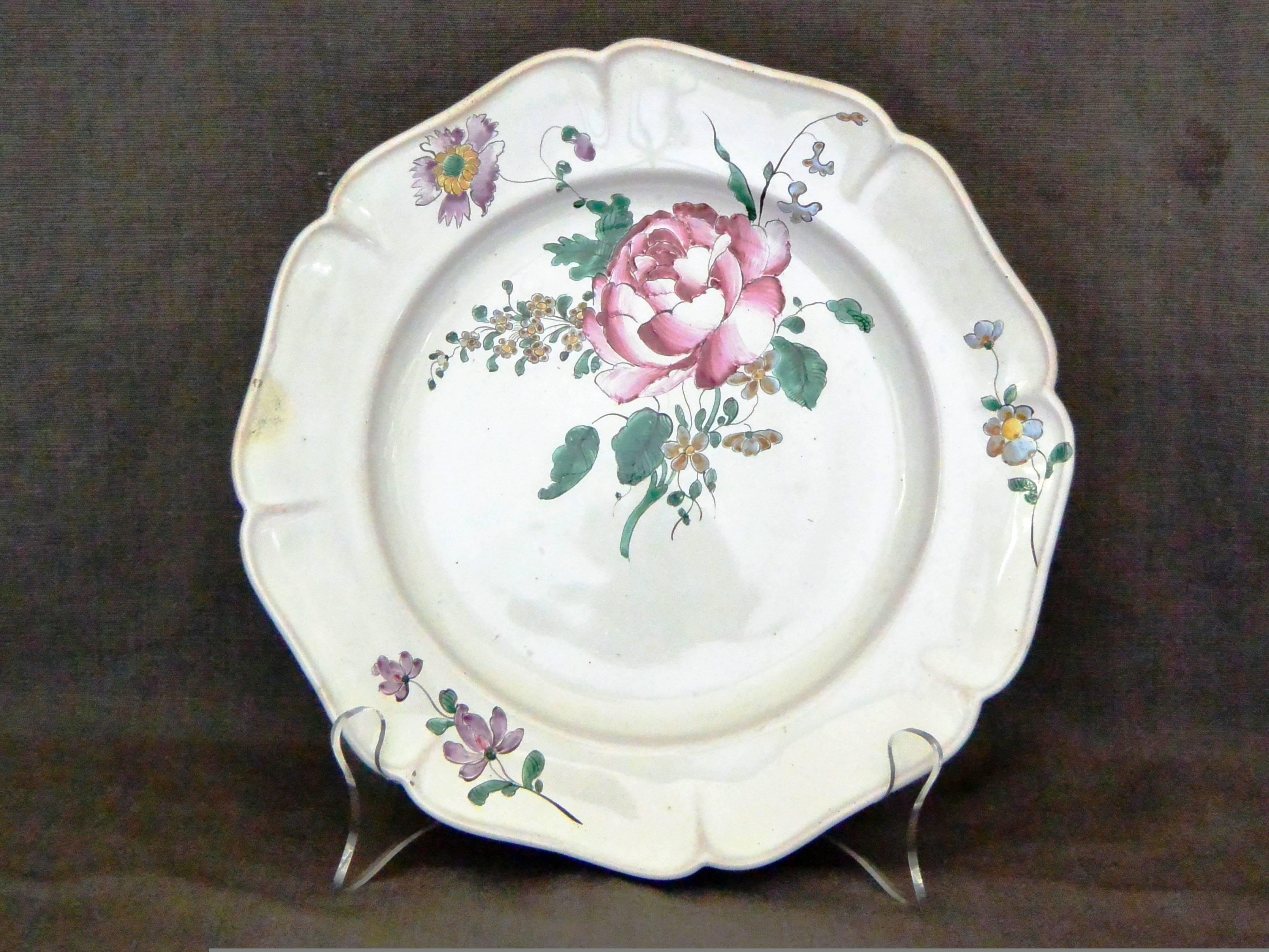 Hand-Painted Pair of Strasbourg Faience Floral Plates
