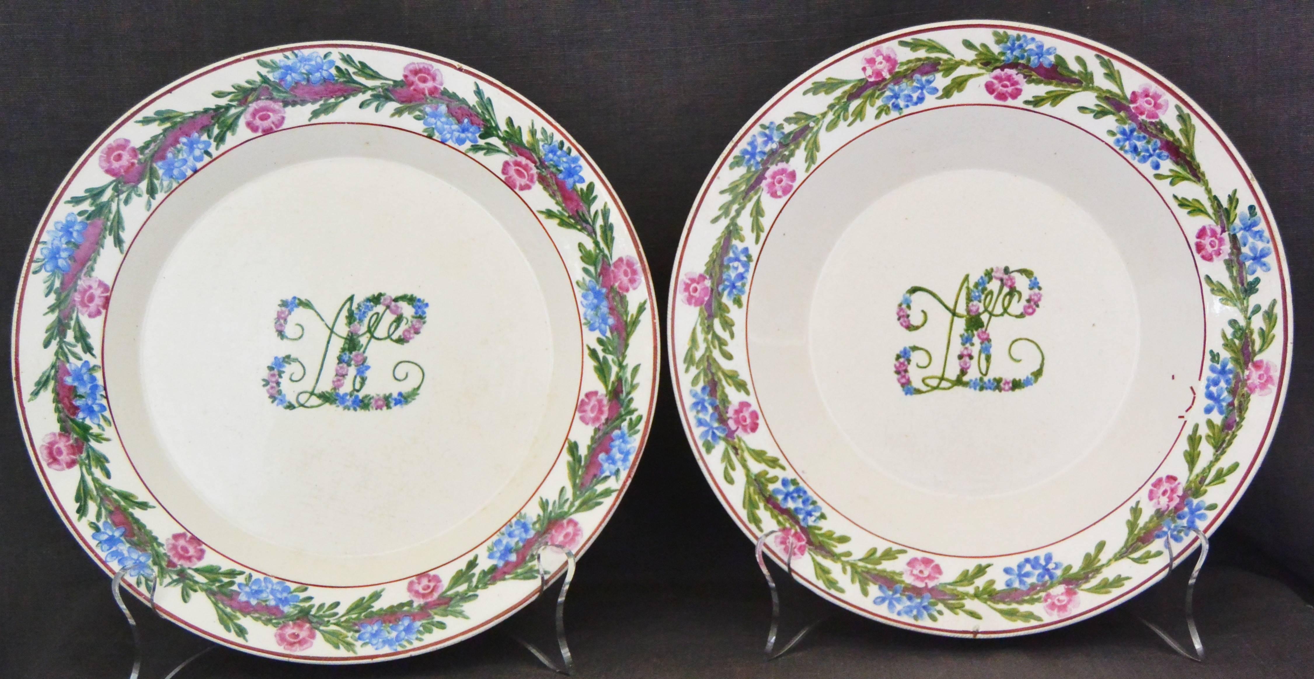 Italian Pair of Green, Pink and Blue Floral Banded Plates For Sale