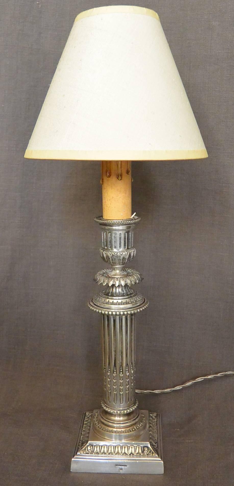French Silvered Louis XVI Style Candlestick Lamp For Sale