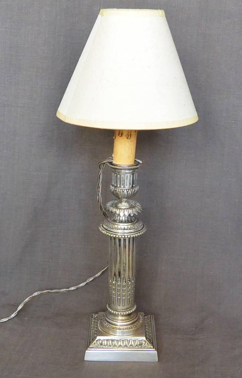 Neoclassical Silvered Louis XVI Style Candlestick Lamp For Sale