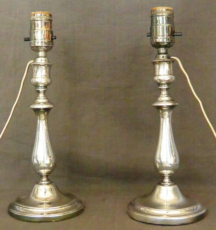 Pair Christofle Silver Candlestick Lamps For Sale at 1stDibs