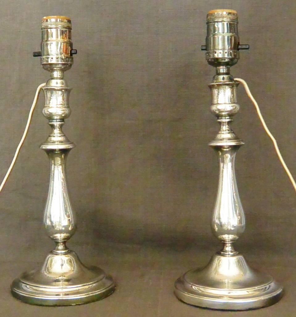 French Pair Christofle Silver Candlestick Lamps For Sale