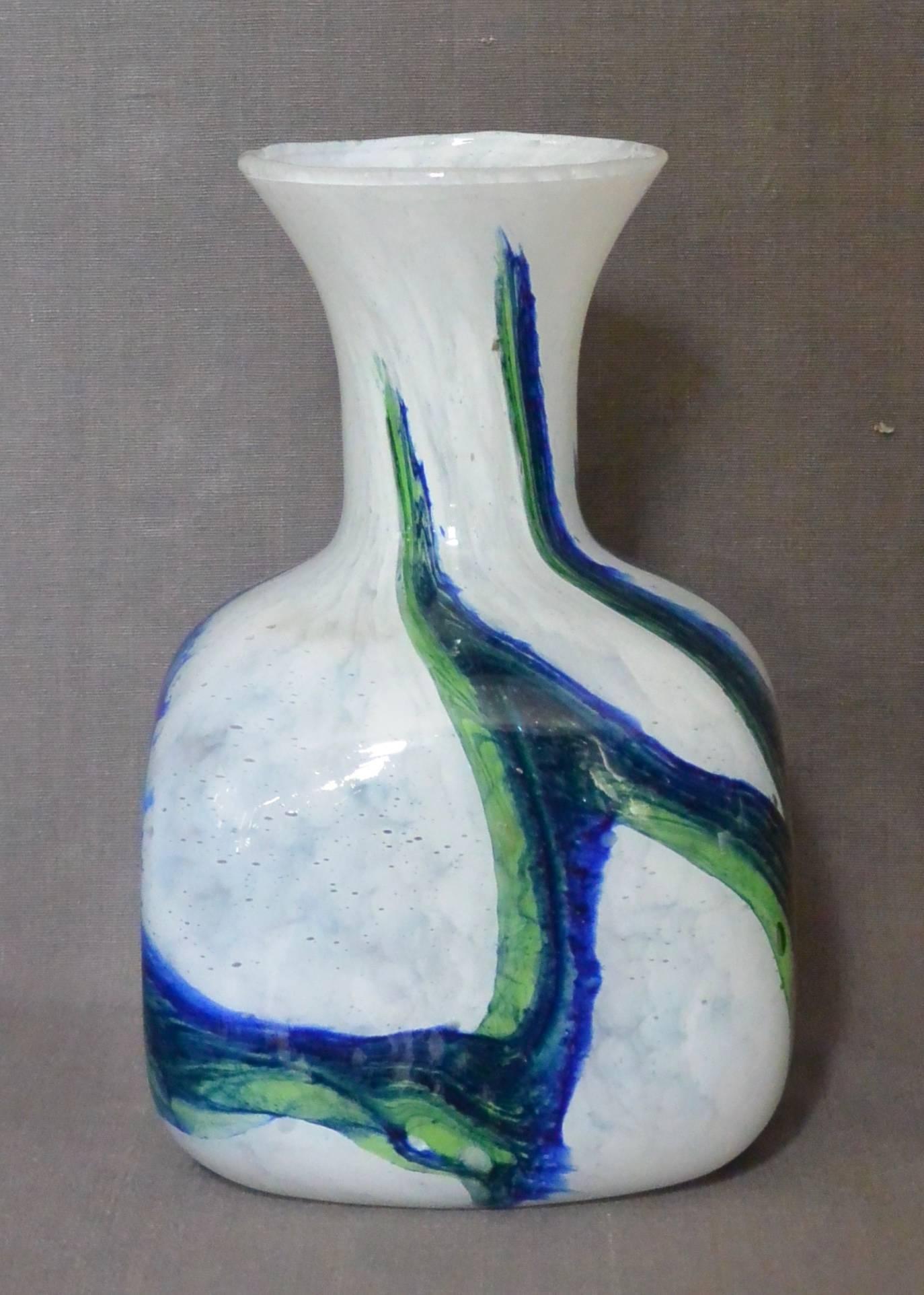 20ième siècle Vase en verre de Murano bleu, blanc et vert en vente