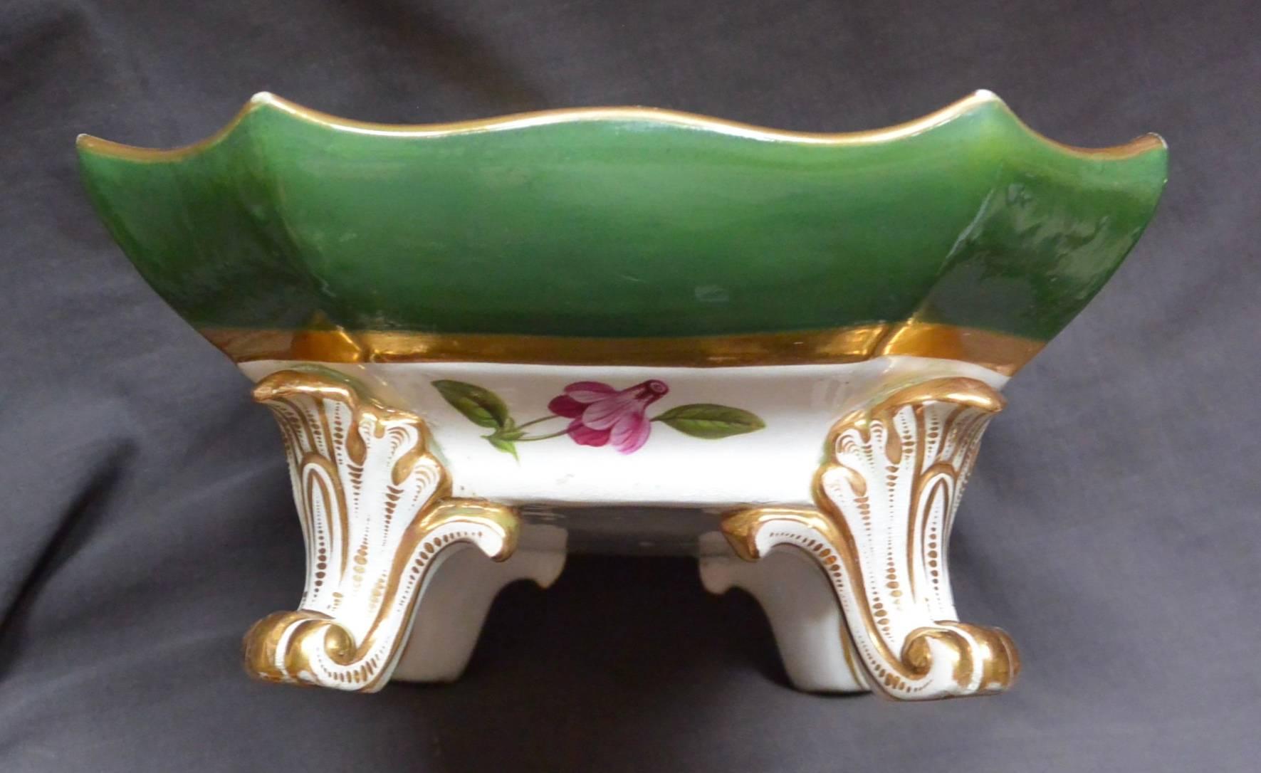 English Purple and Green Gilt Porcelain Flower and Fruit Compote For Sale