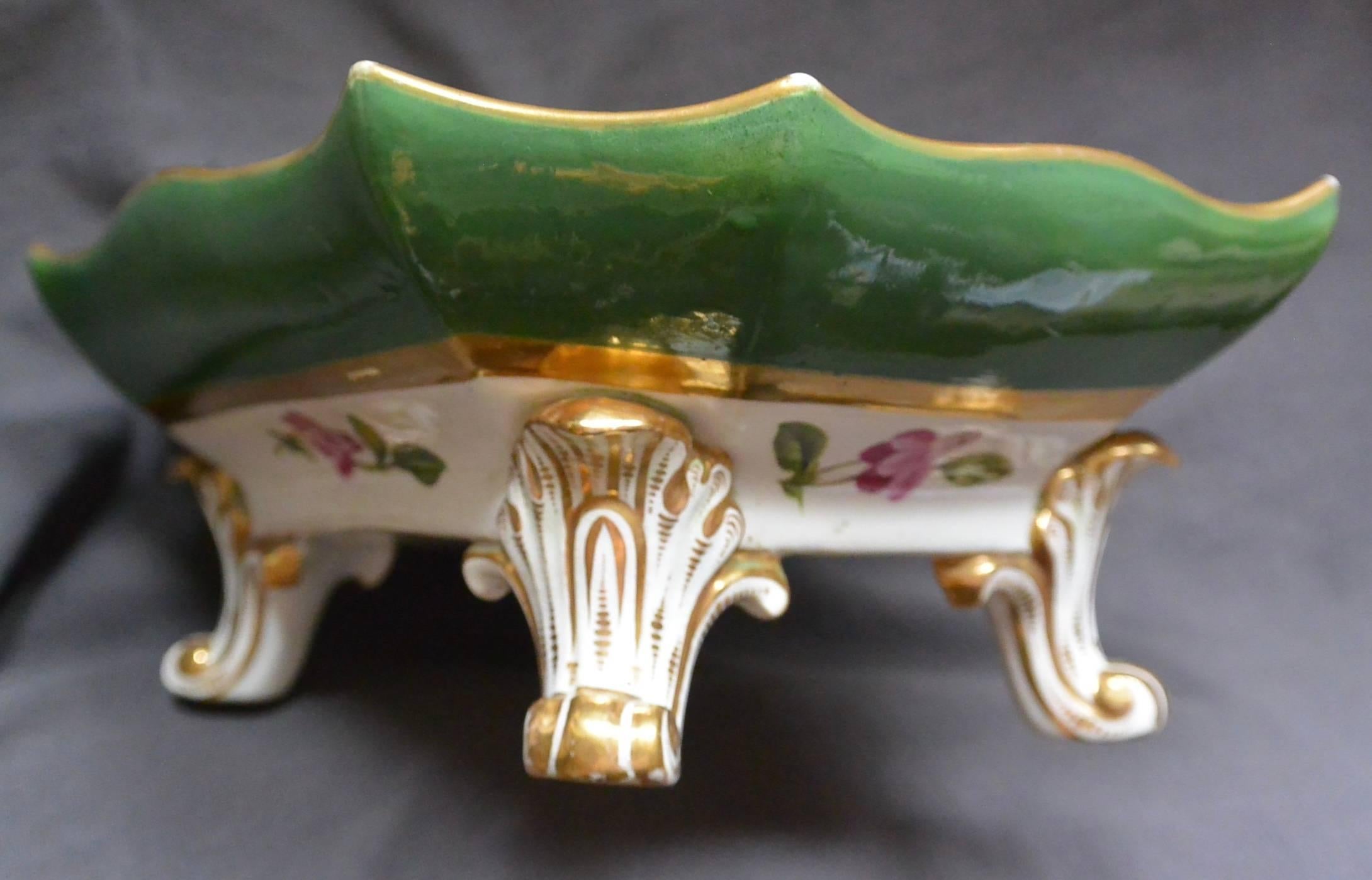 Hand-Painted Purple and Green Gilt Porcelain Flower and Fruit Compote For Sale