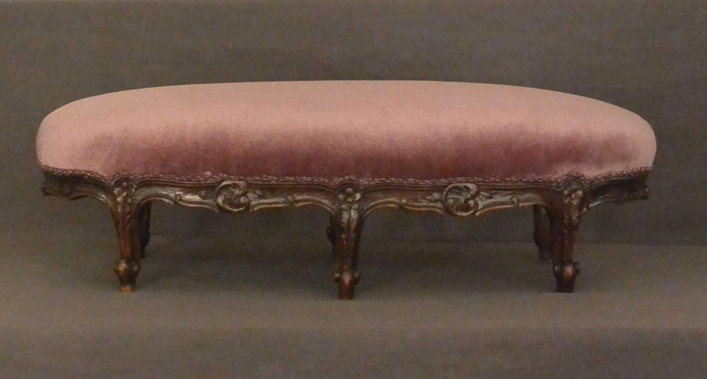 French silk mohair foot stool-kneeler in carved walnut Louis XV style newly upholstered, France, late 19th century.
Dimensions: 28" W x 13" D x 8.5" H.