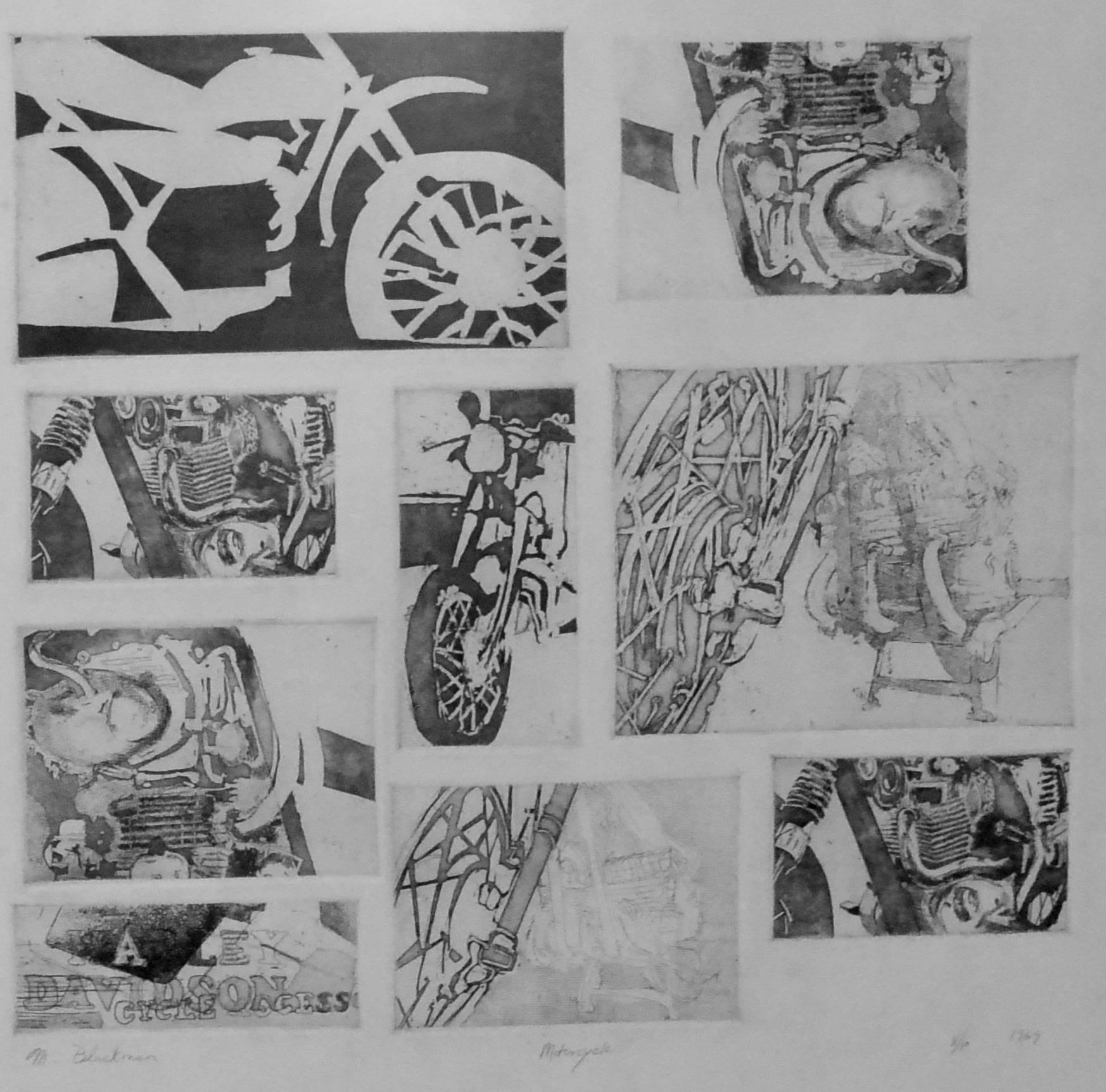 Harley Davidson motorcycle lithograph.  Original vintage black and white lithograph entitled 