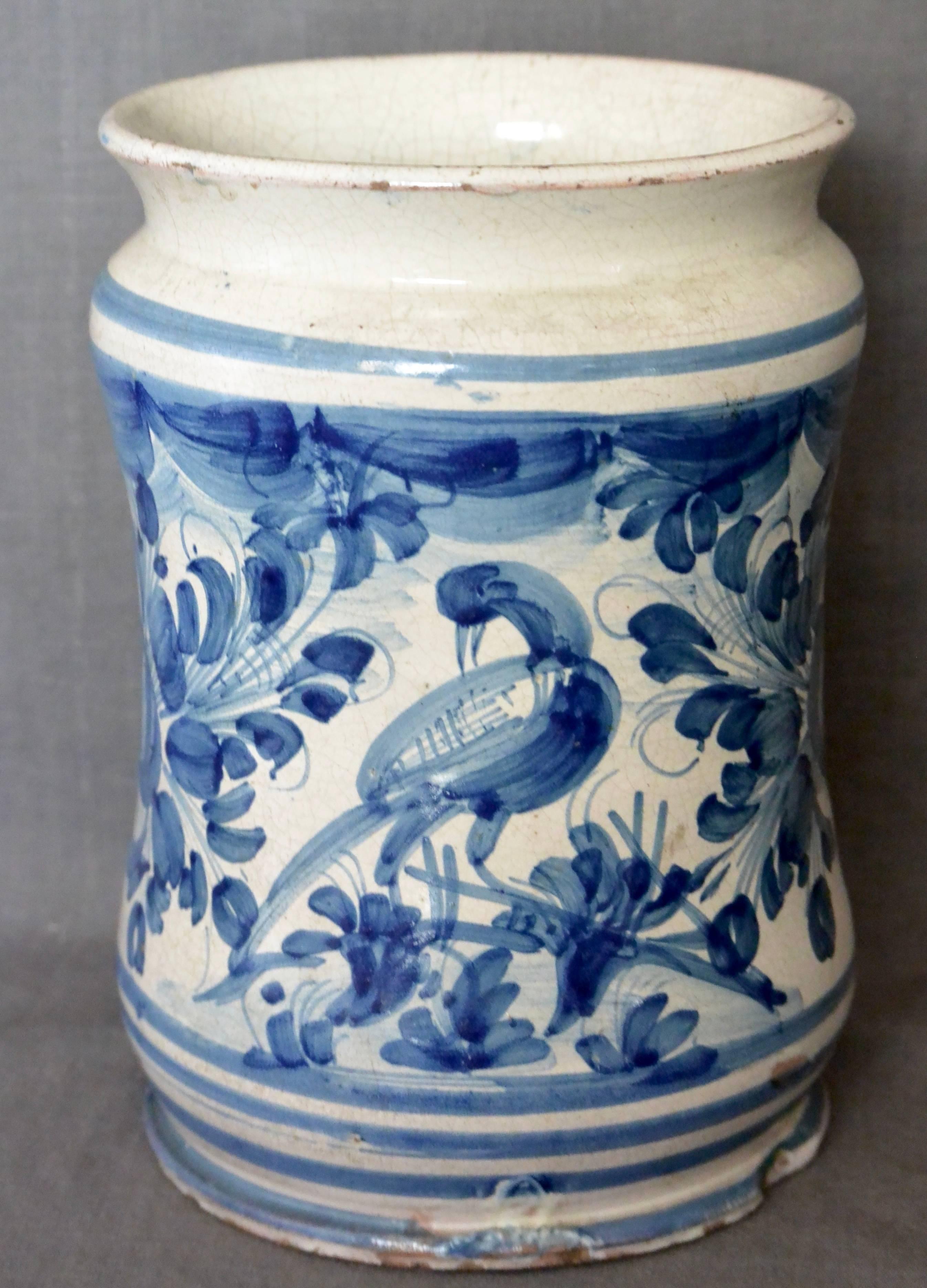 Blue and White Albarello Bird Vase In Excellent Condition In New York, NY