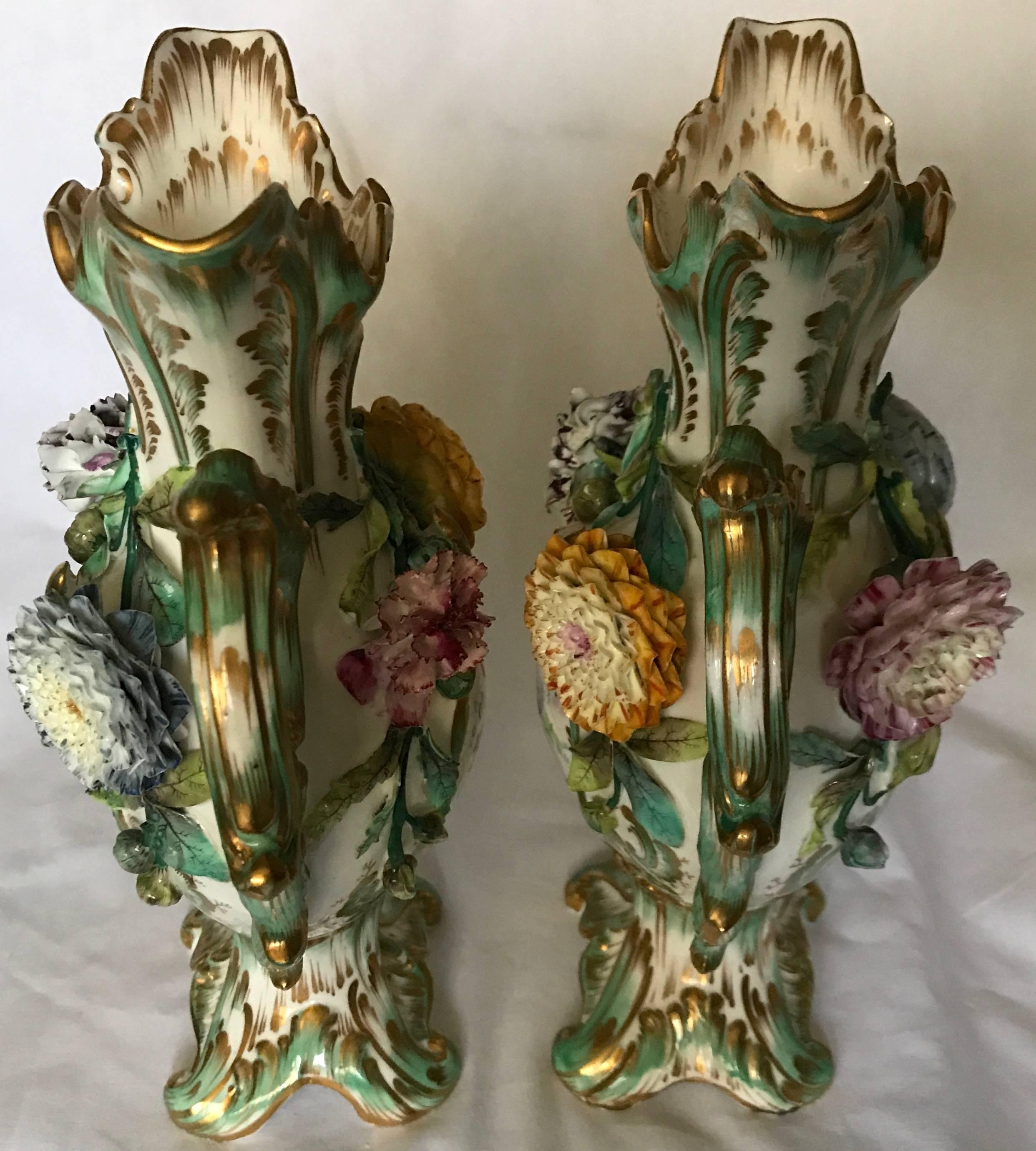 19th Century Pair Green and Gilt Painted Rockingham Vases