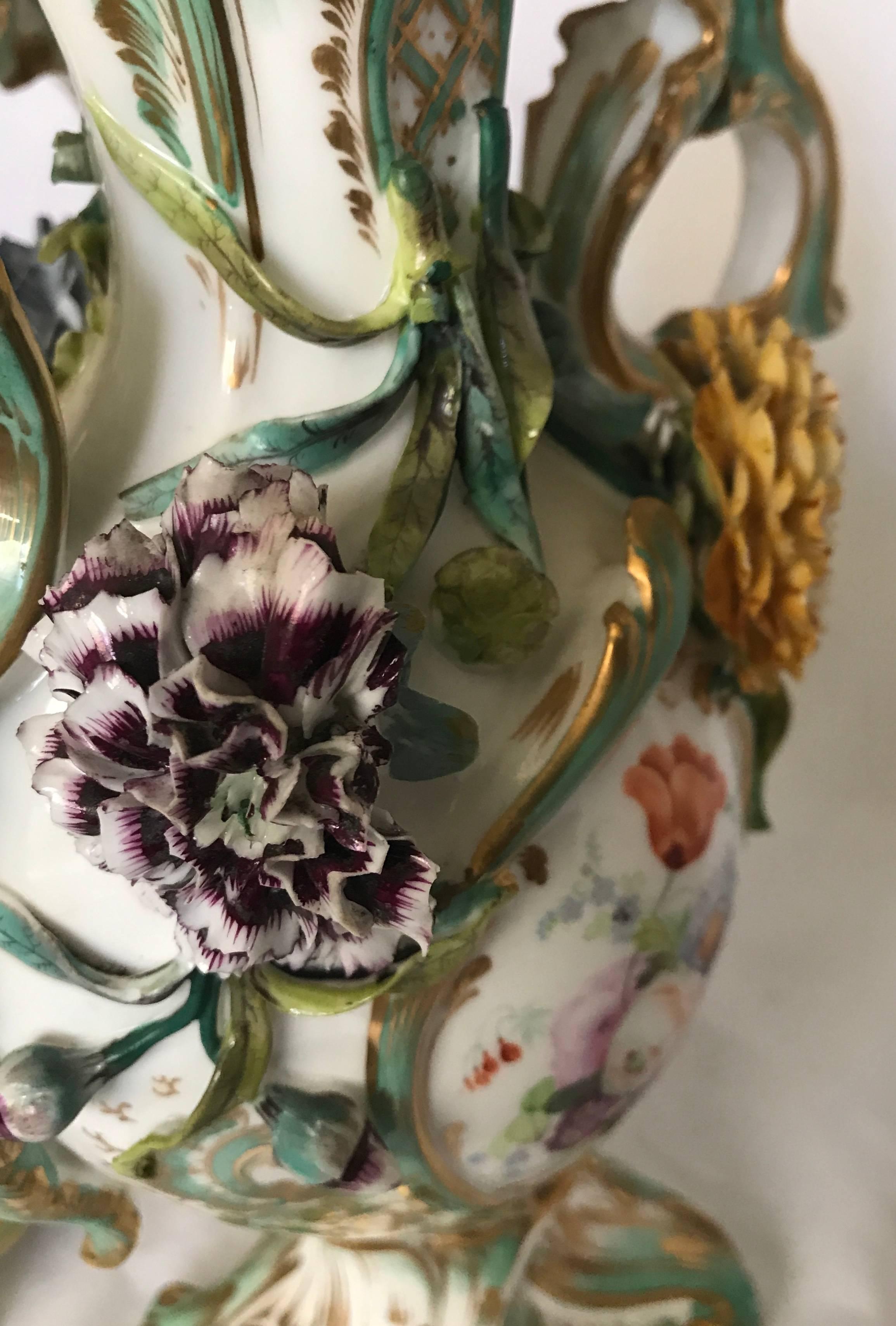 Porcelain Pair Green and Gilt Painted Rockingham Vases