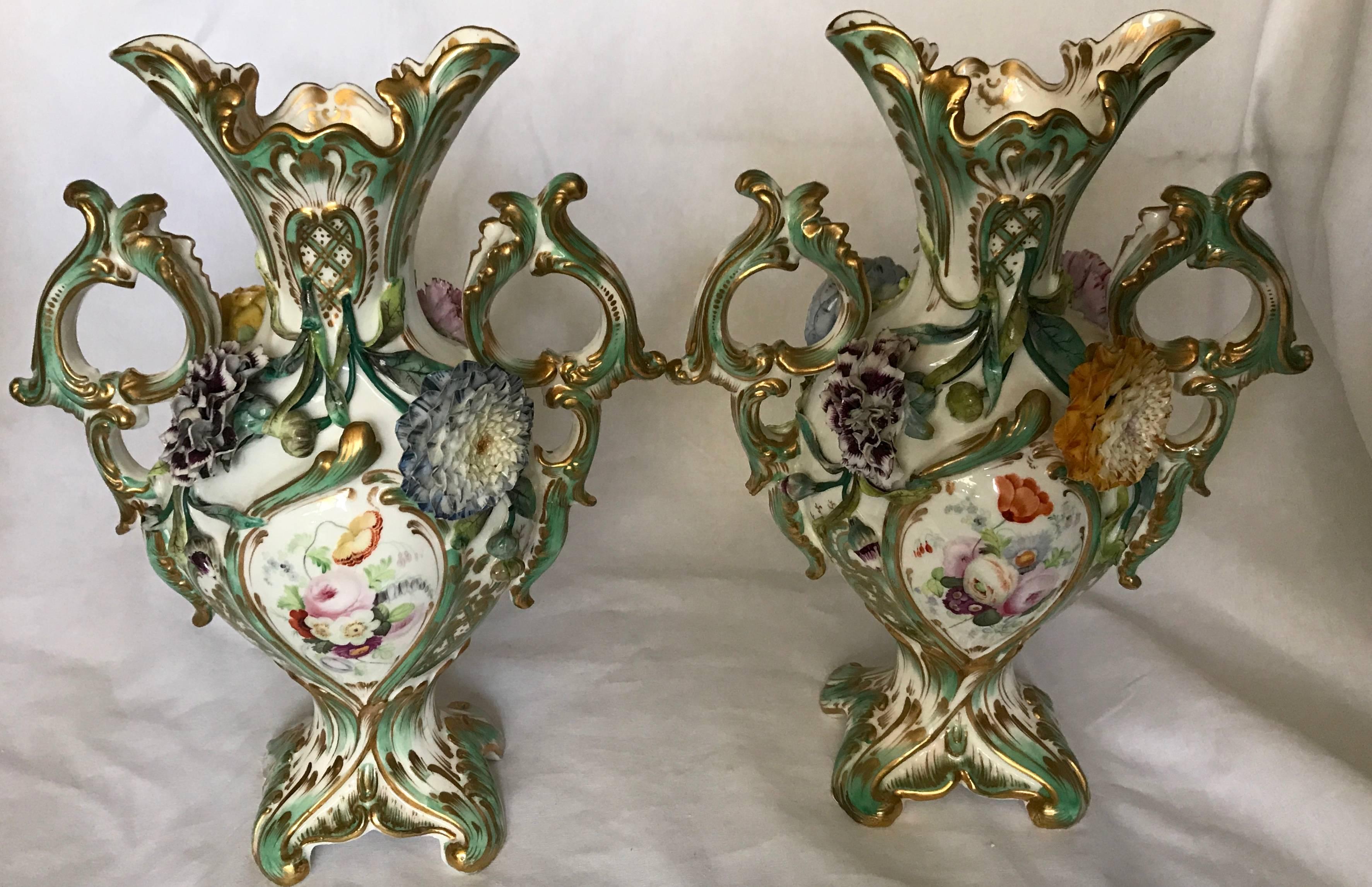 English Pair Green and Gilt Painted Rockingham Vases