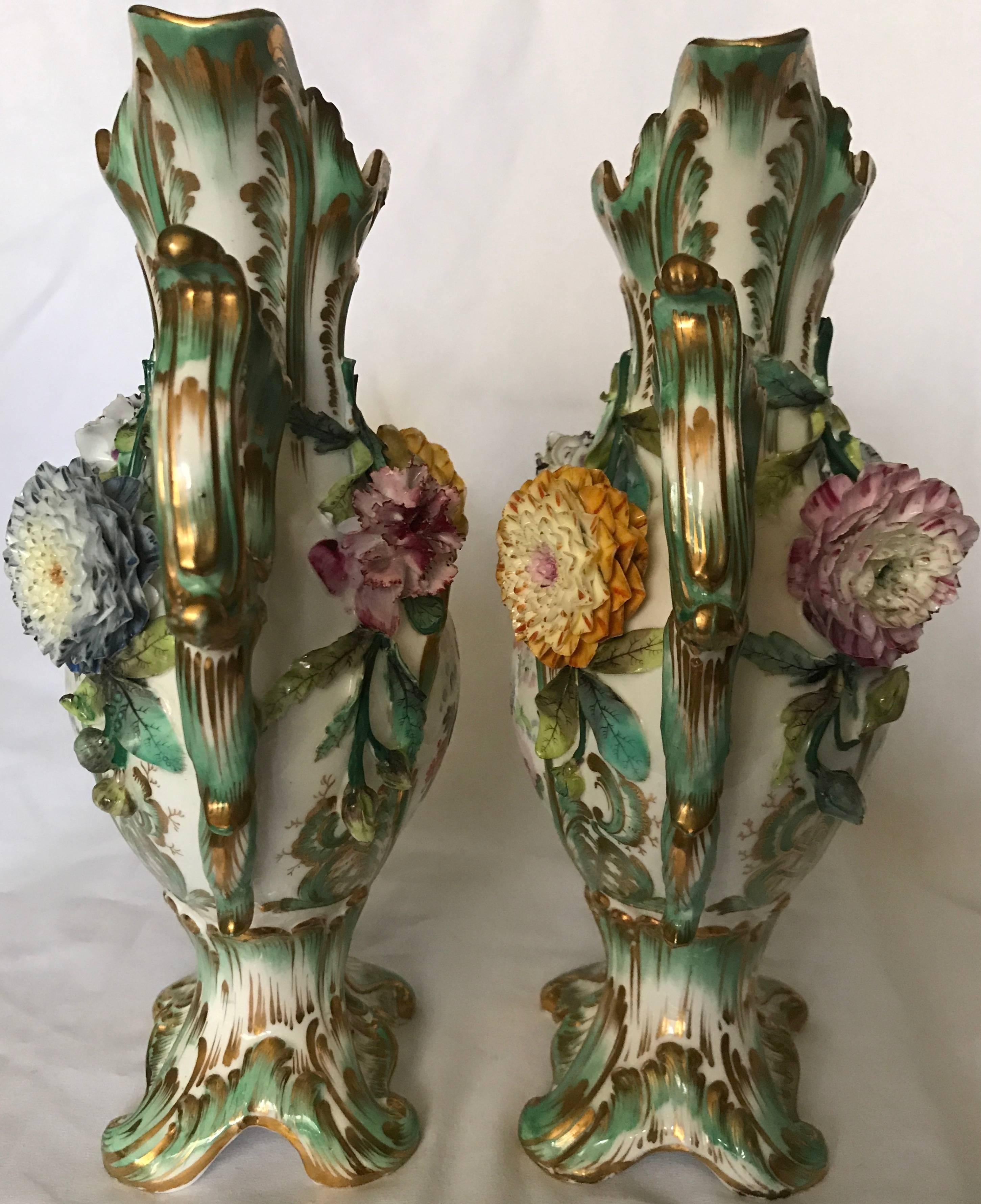 Pair Green and Gilt Painted Rockingham Vases In Good Condition In New York, NY
