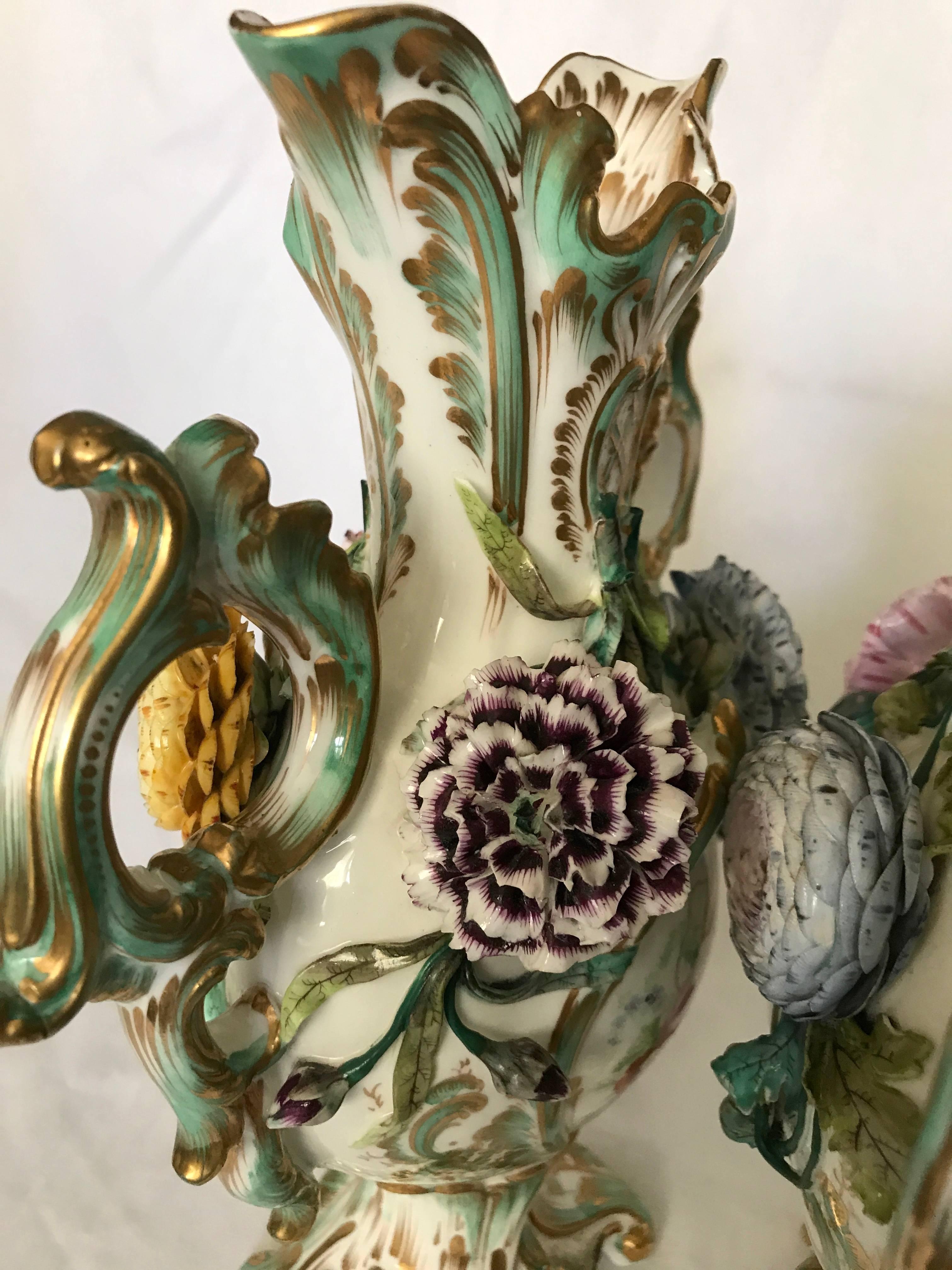 Pair Green and Gilt Painted Rockingham Vases 2
