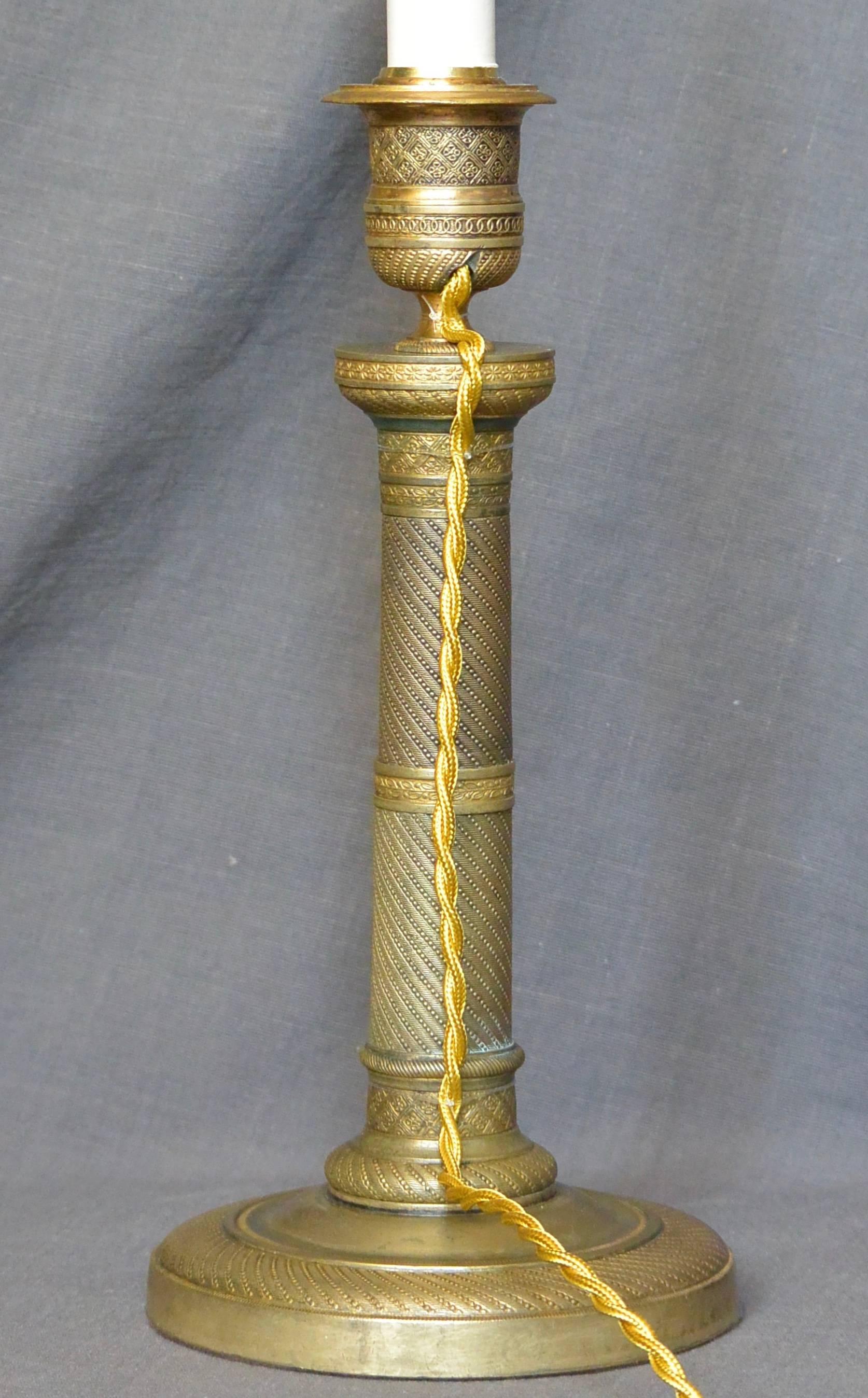 Charles X Gilt Metal Candlestick Lamp In Good Condition In New York, NY