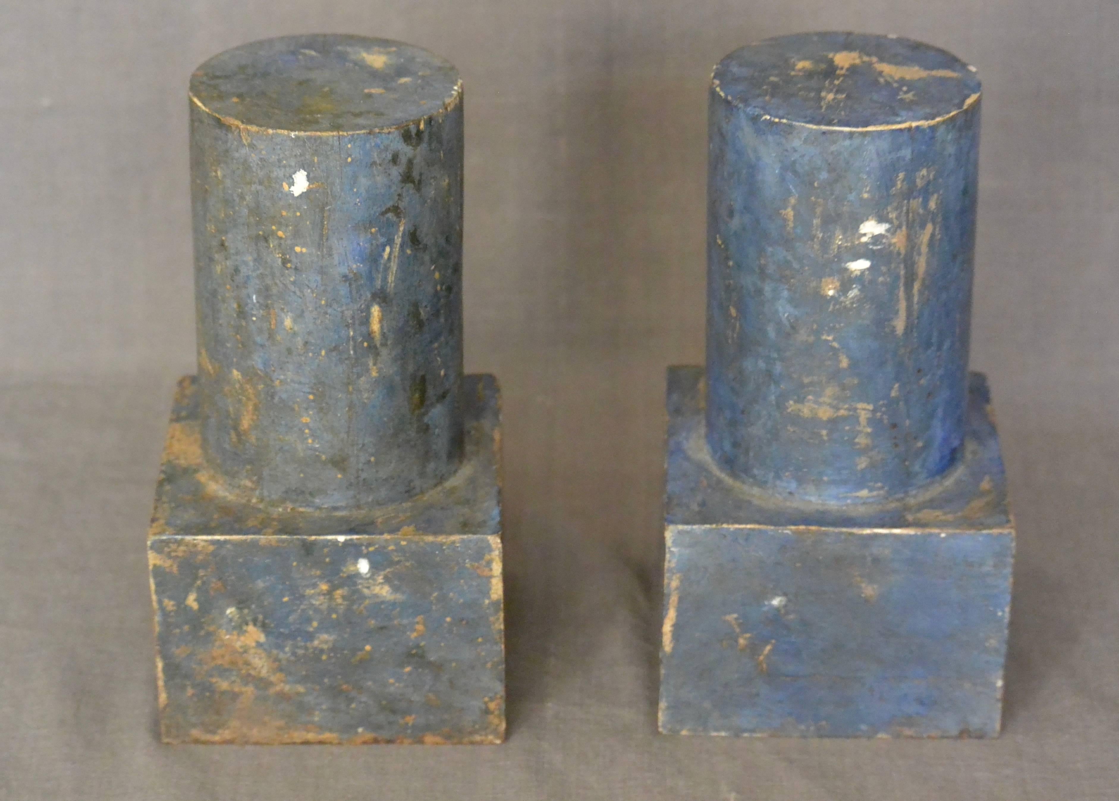 Pair of decorative blue painted Italian small mahogany pedestals. Pair of decorative blue painted mahogany columns bases on plinths in a mottled faux lapis color, Italy, circa 1930.
Dimensions: 4