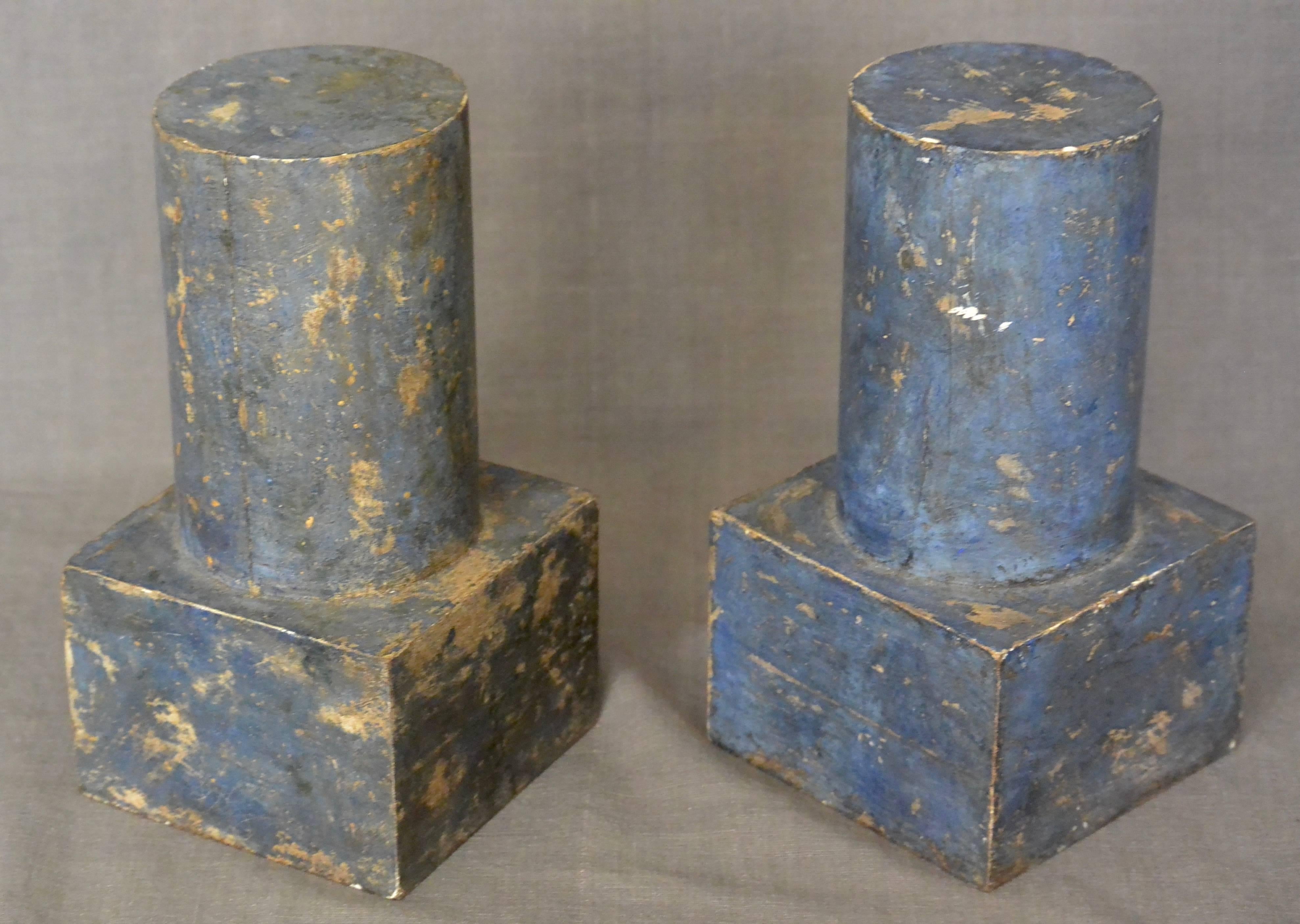 Hand-Painted Pair of Decorative Blue Painted Italian Small Mahogany Pedestals For Sale