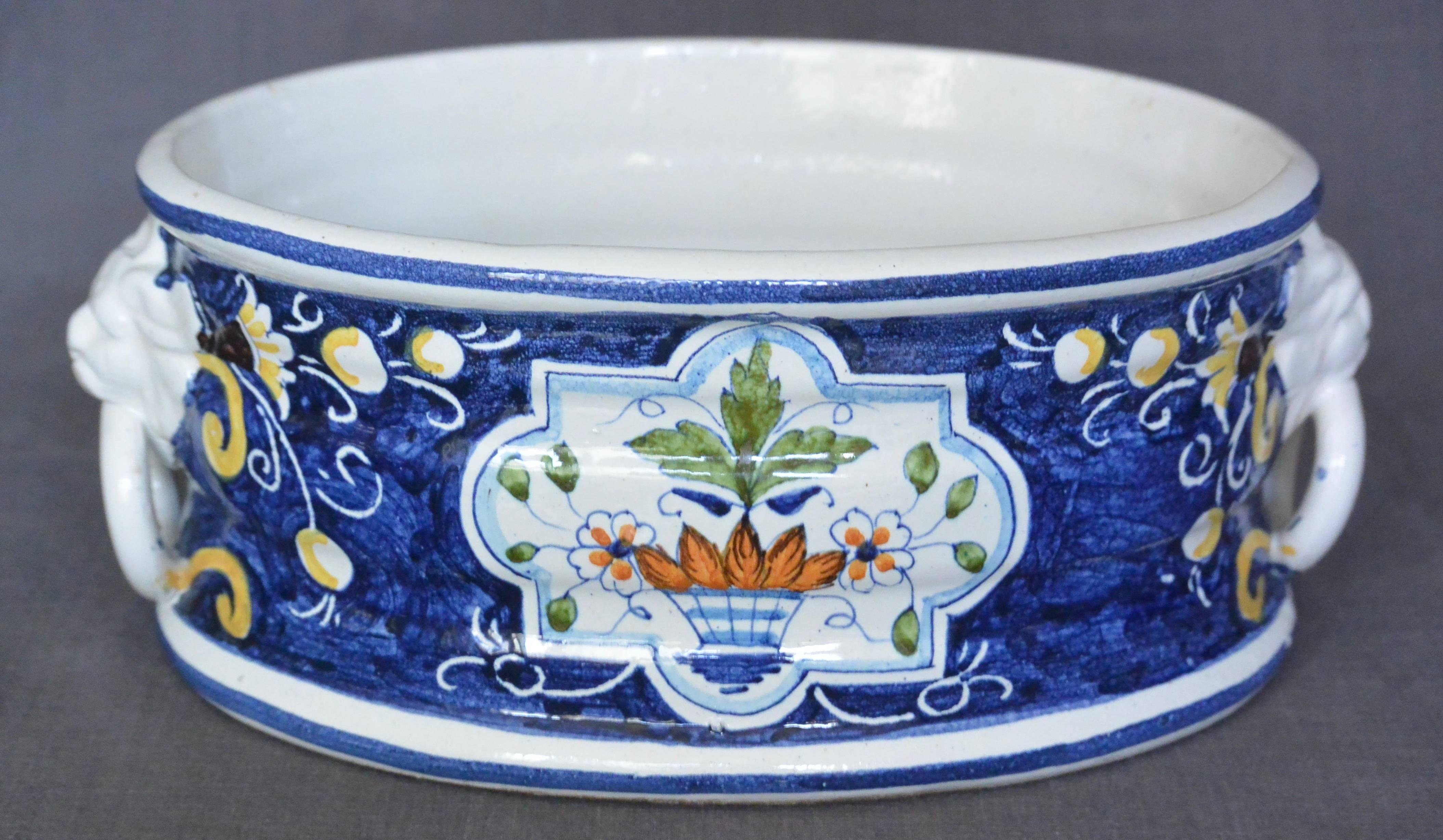 Hand-Painted Vintage Blue and White Italian Cachepot For Sale
