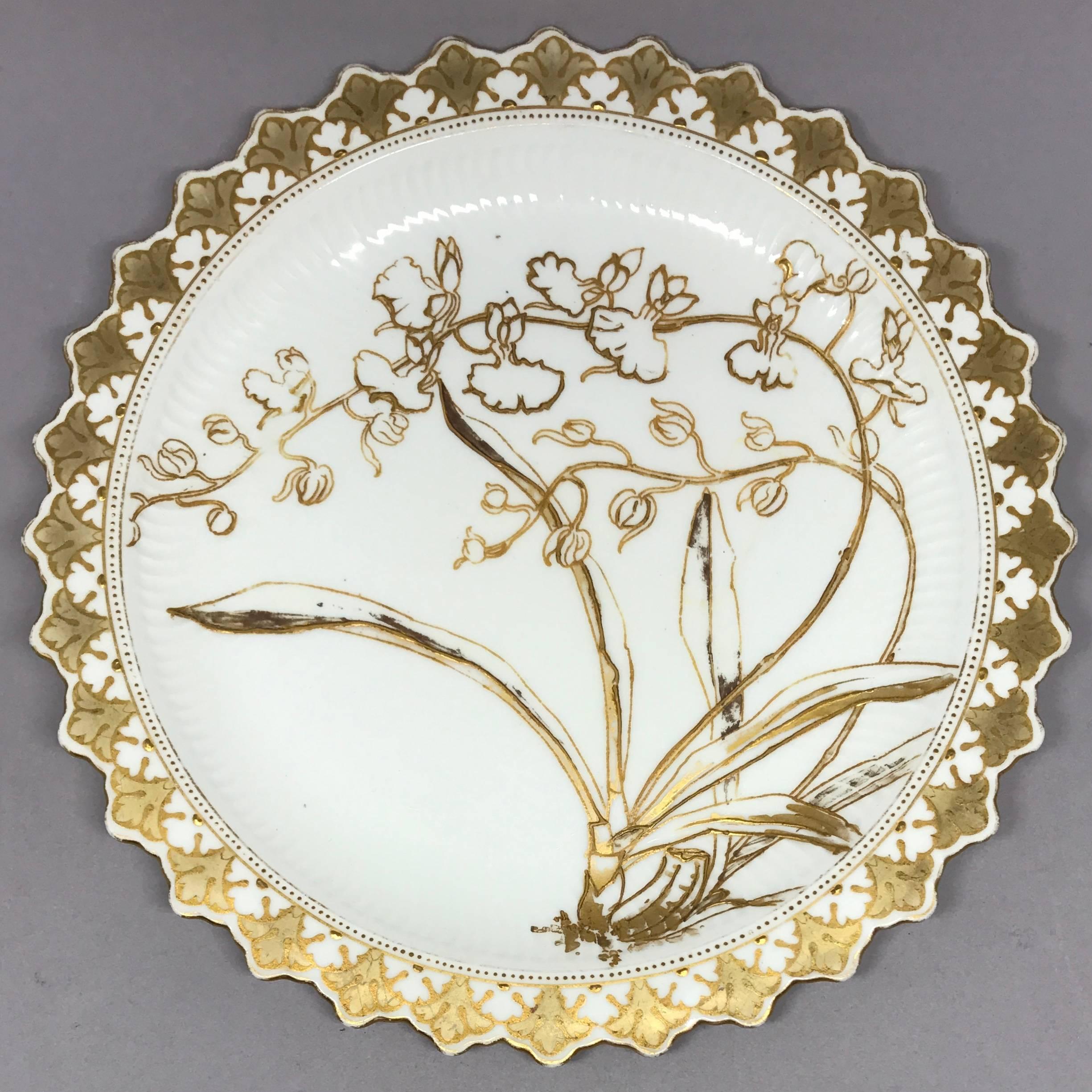 English Set of Six Aesthetic Movement Gilt Painted Orchid Plates
