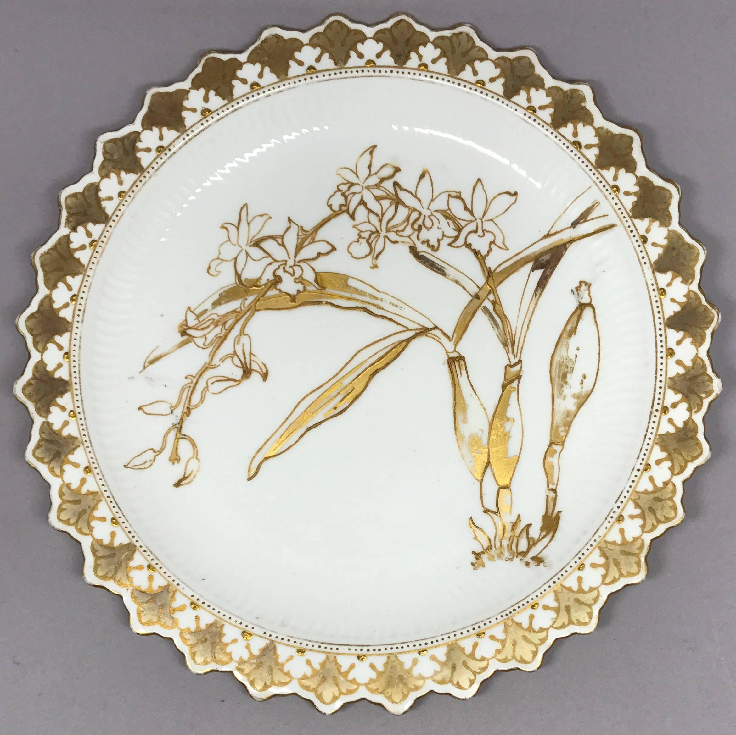 19th Century Set of Six Aesthetic Movement Gilt Painted Orchid Plates