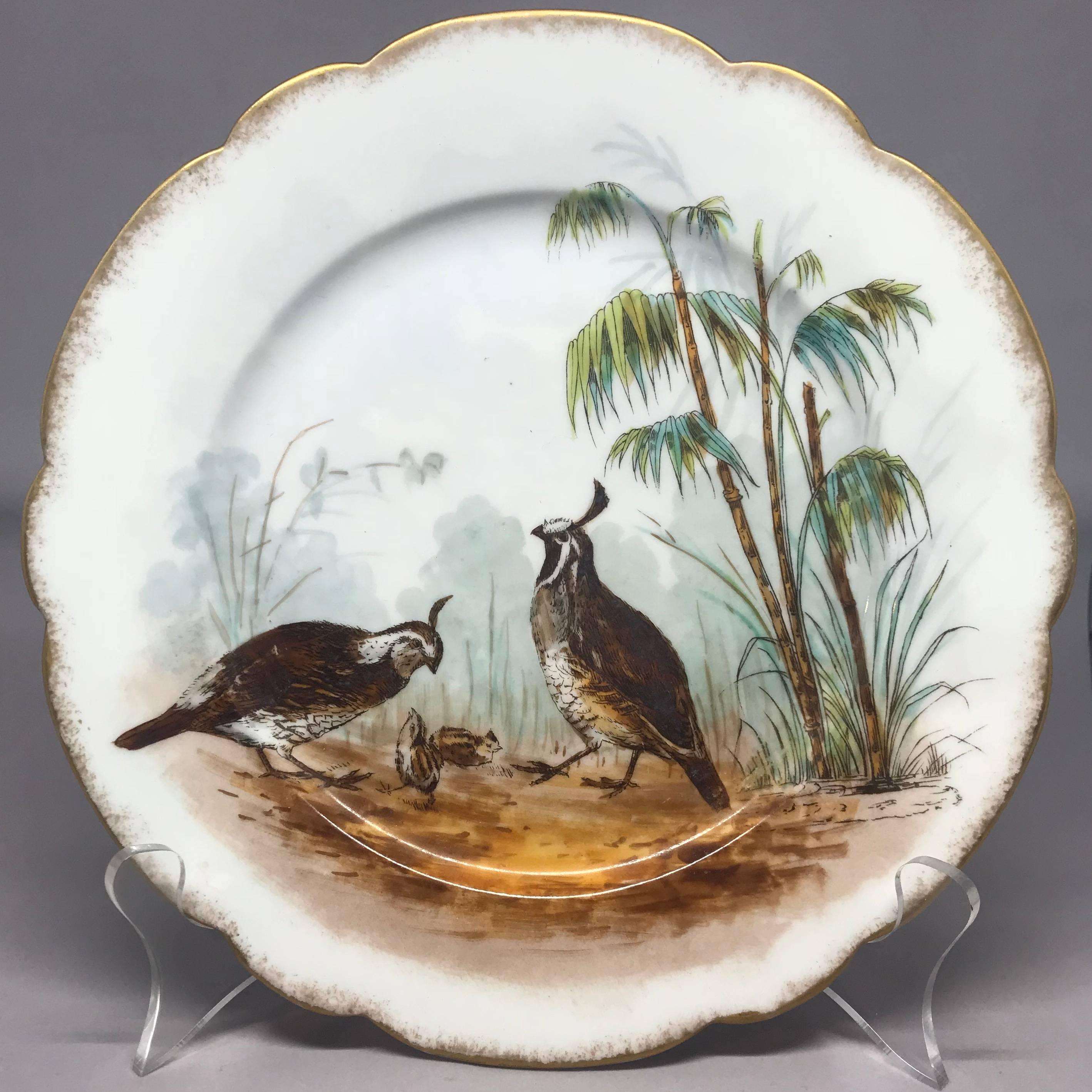 Set of six hand-painted Limoges game bird plates. Six hand-painted and gilt lobe-rimmed luncheon/dessert plates with various quail, plover and woodcock. Markings for Limoges for the American market Louis Strauss and Sons, France, circa