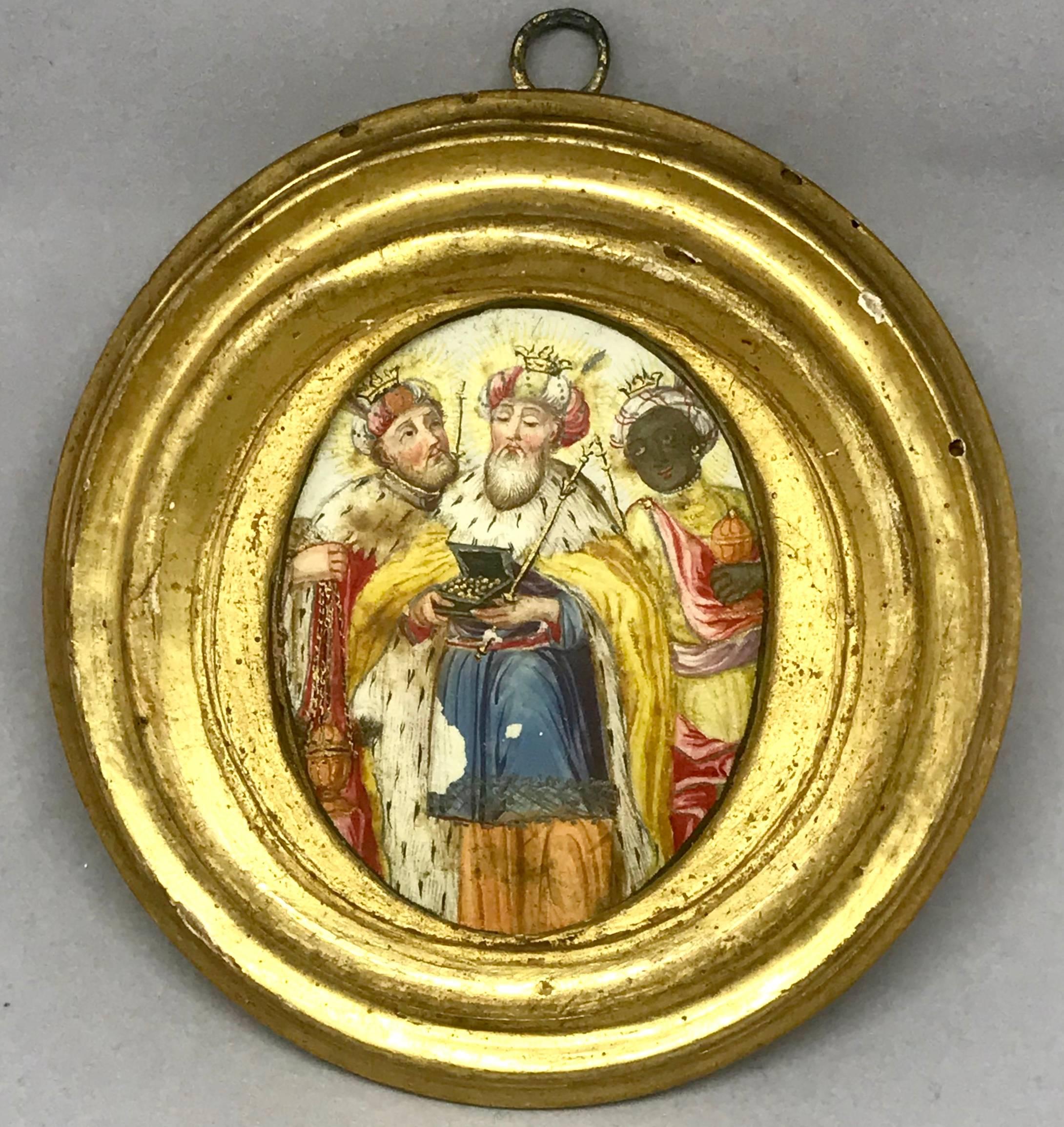 The three kings miniature painting. Antique Louis XV period painting of the three wise men who paid homage to the King. The three kings on card paper in gilt oval frame with original seeded glass and metal hook on the reverse. Beautiful in a