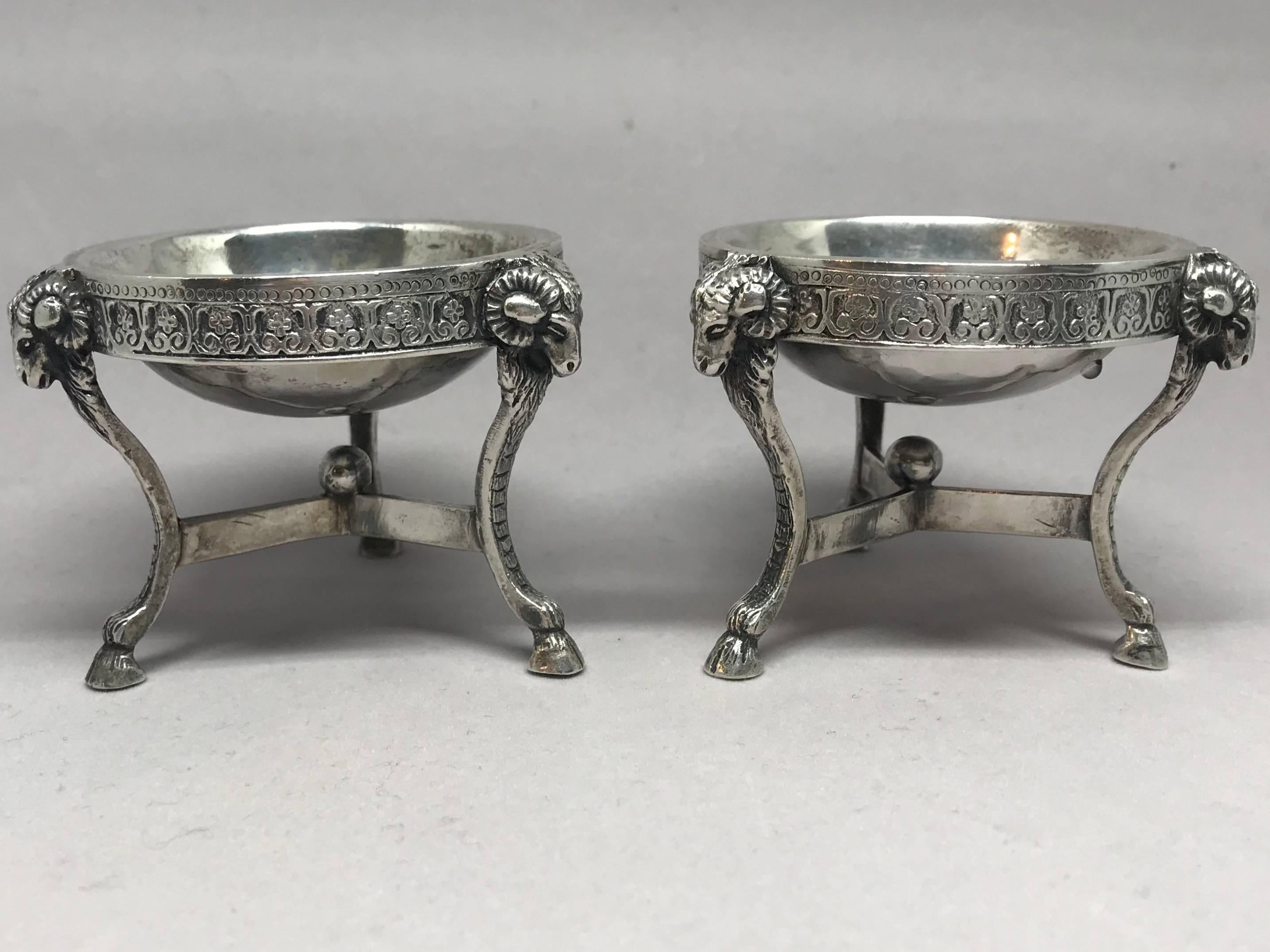 Neoclassical Pair Hotel Silver Rams' Head Salts For Sale