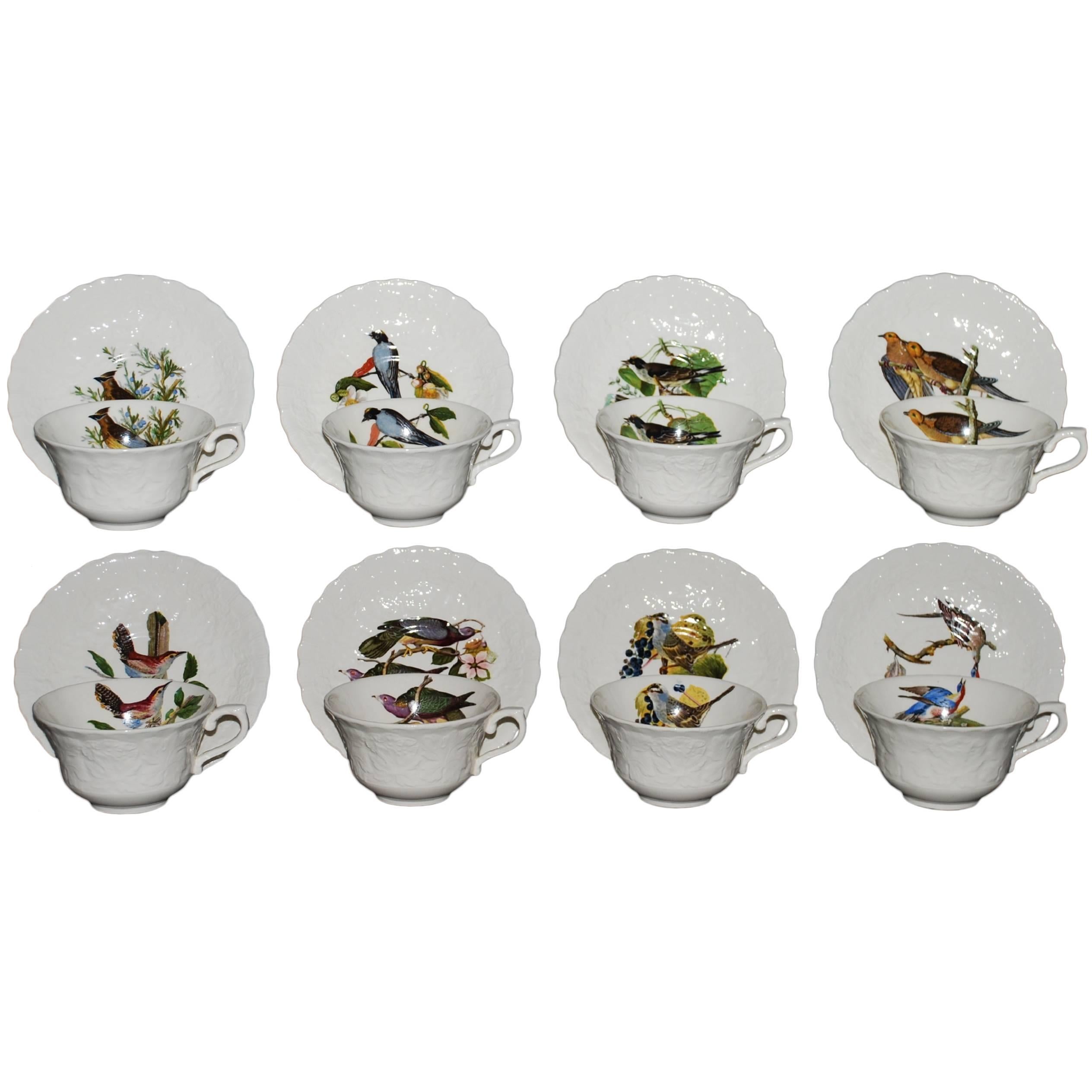 Set of Eight Audubon Bird Tea Cups and Saucers