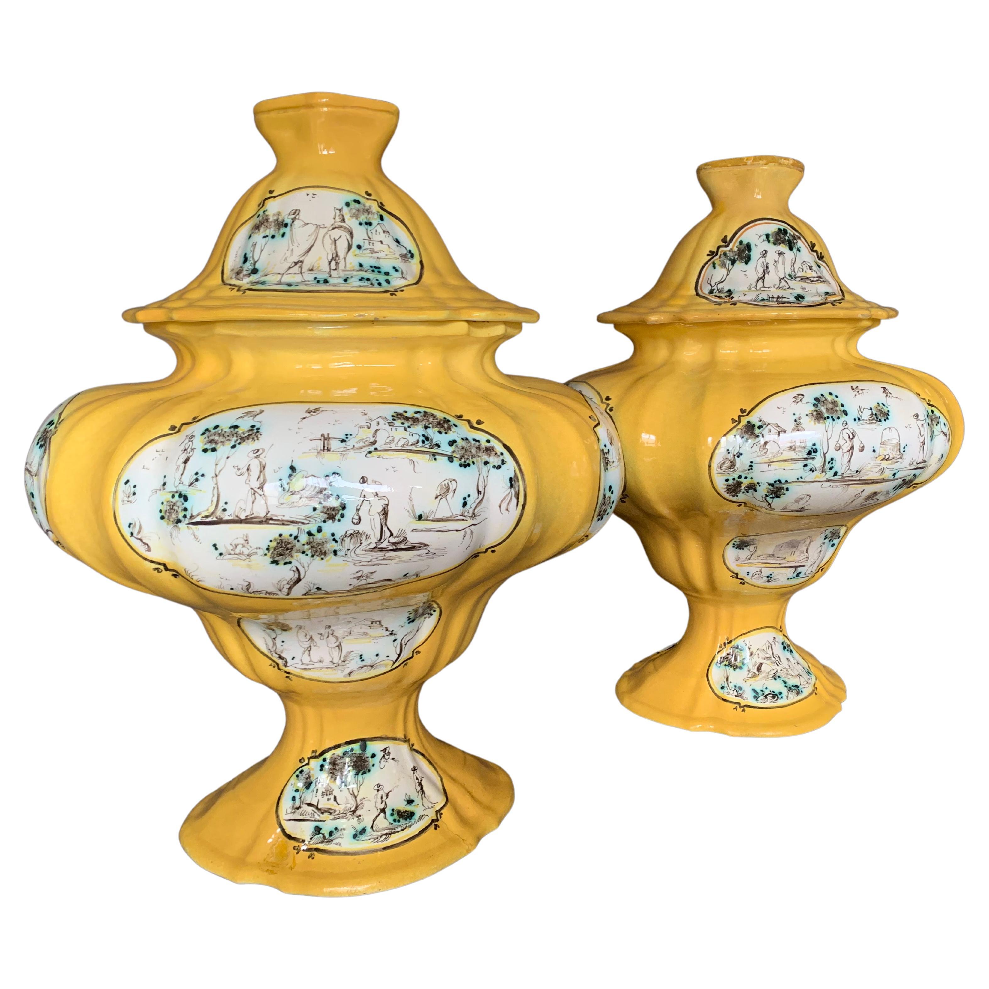 Pair Large Italian Yellow and Green Majolica Urns Tureens For Sale