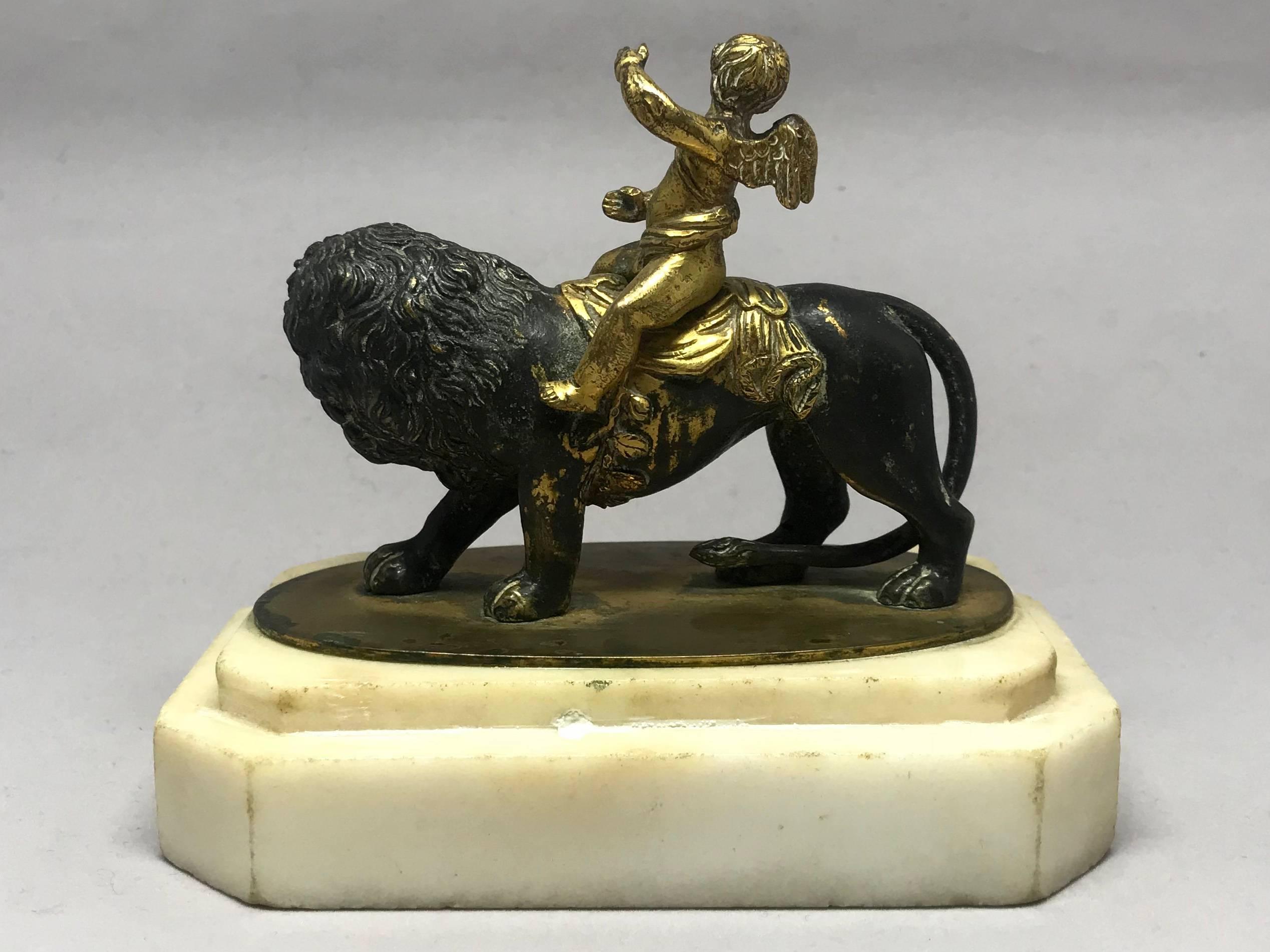 English Regency Gilt Bronze Cupid and Lion Paper Weight Sculpture 1