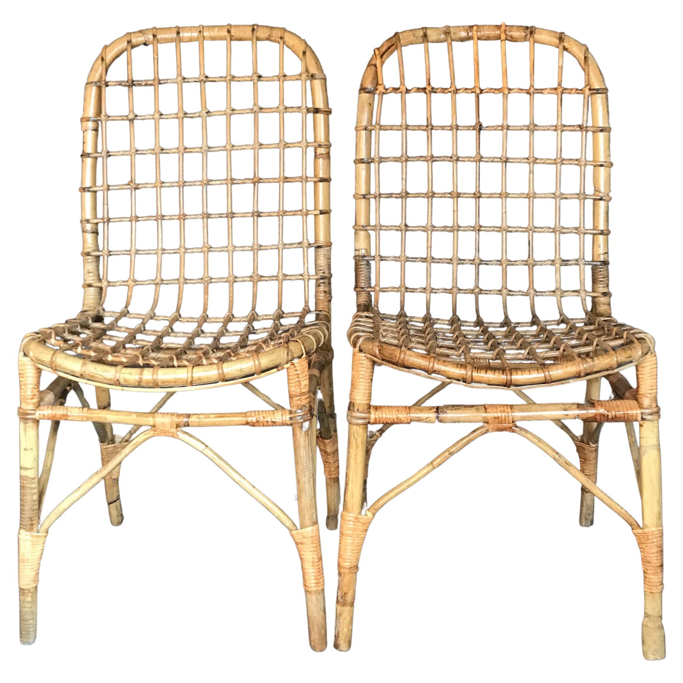 Pair Italian Rattan Side Chairs For Sale