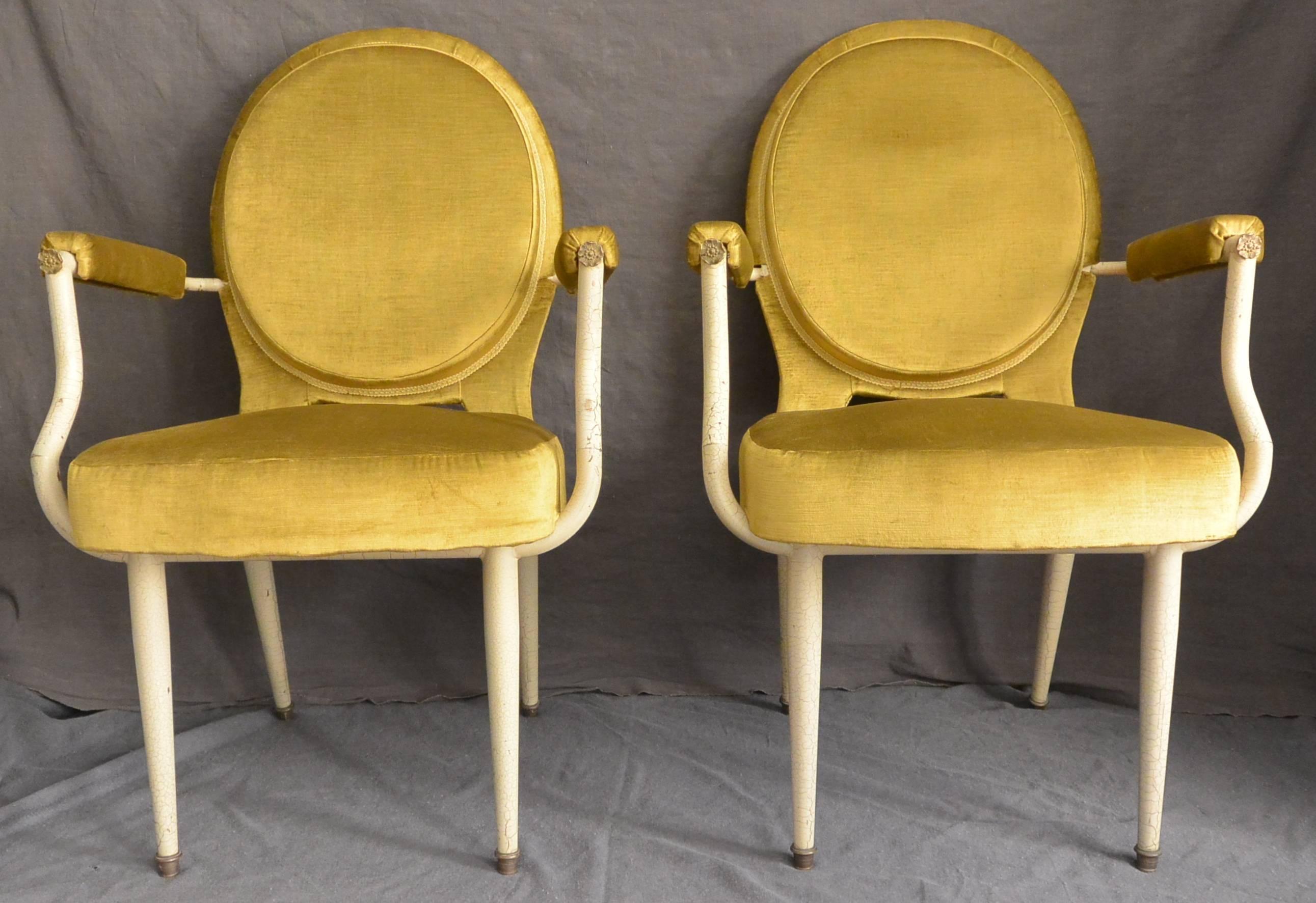 Italian  Pair Louis XVI Style Armchairs in Yellow Velvet