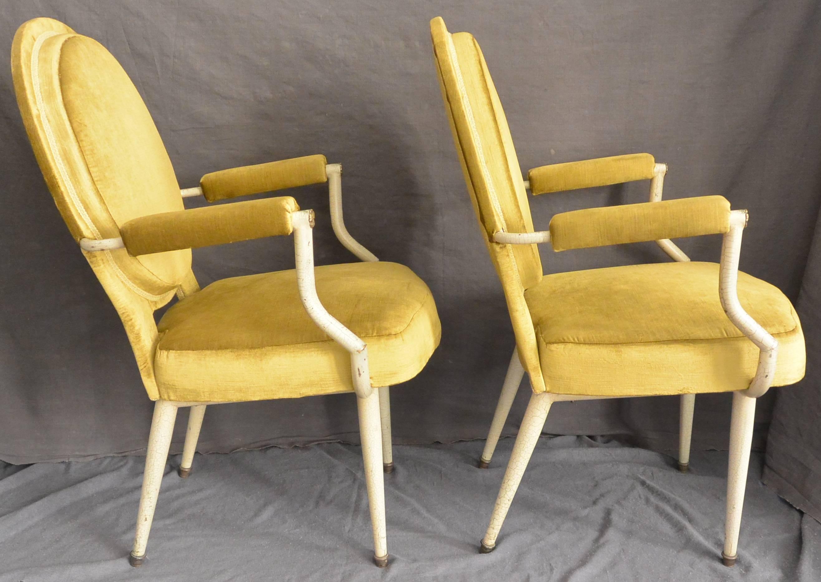 20th Century  Pair Louis XVI Style Armchairs in Yellow Velvet