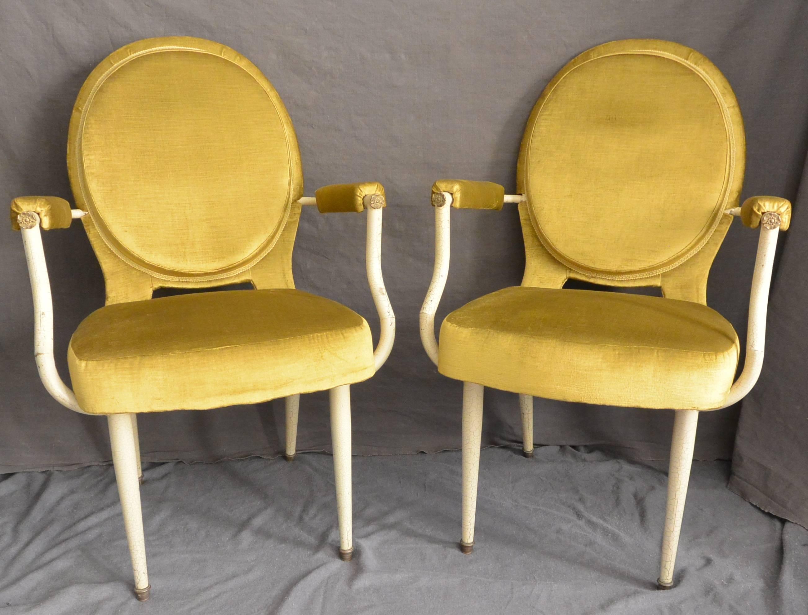  Pair Louis XVI Style Armchairs in Yellow Velvet 1