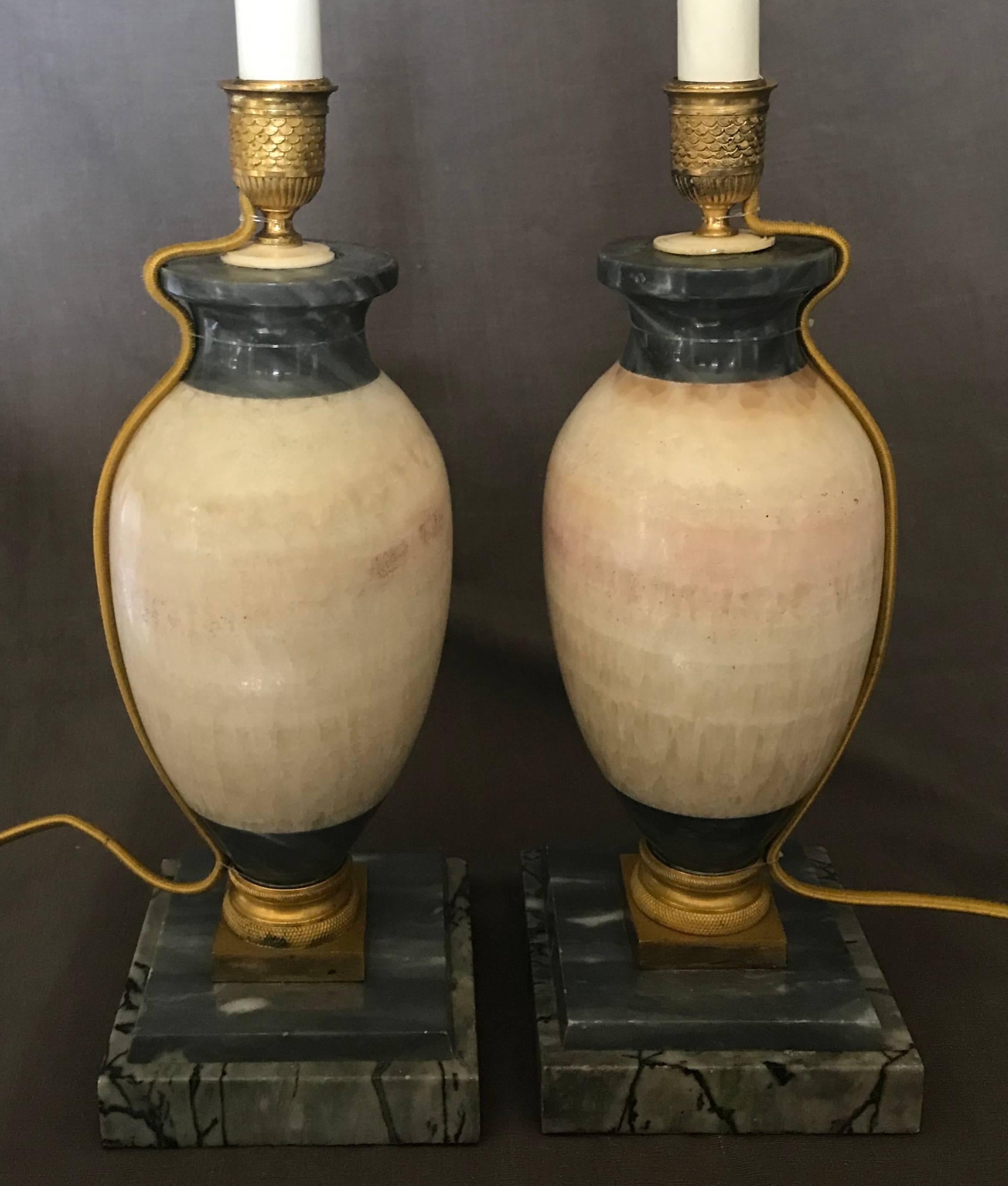 European Pair of Blue John Marble Lamps For Sale