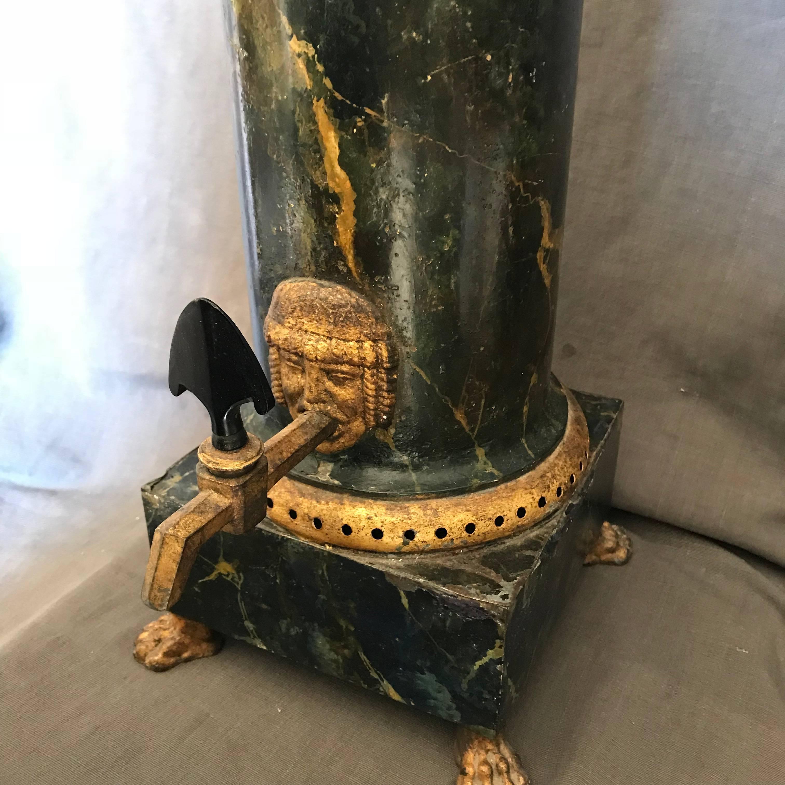 Empire Neoclassical Green and Gilt Faux Marble Samovar Coffee Urn For Sale