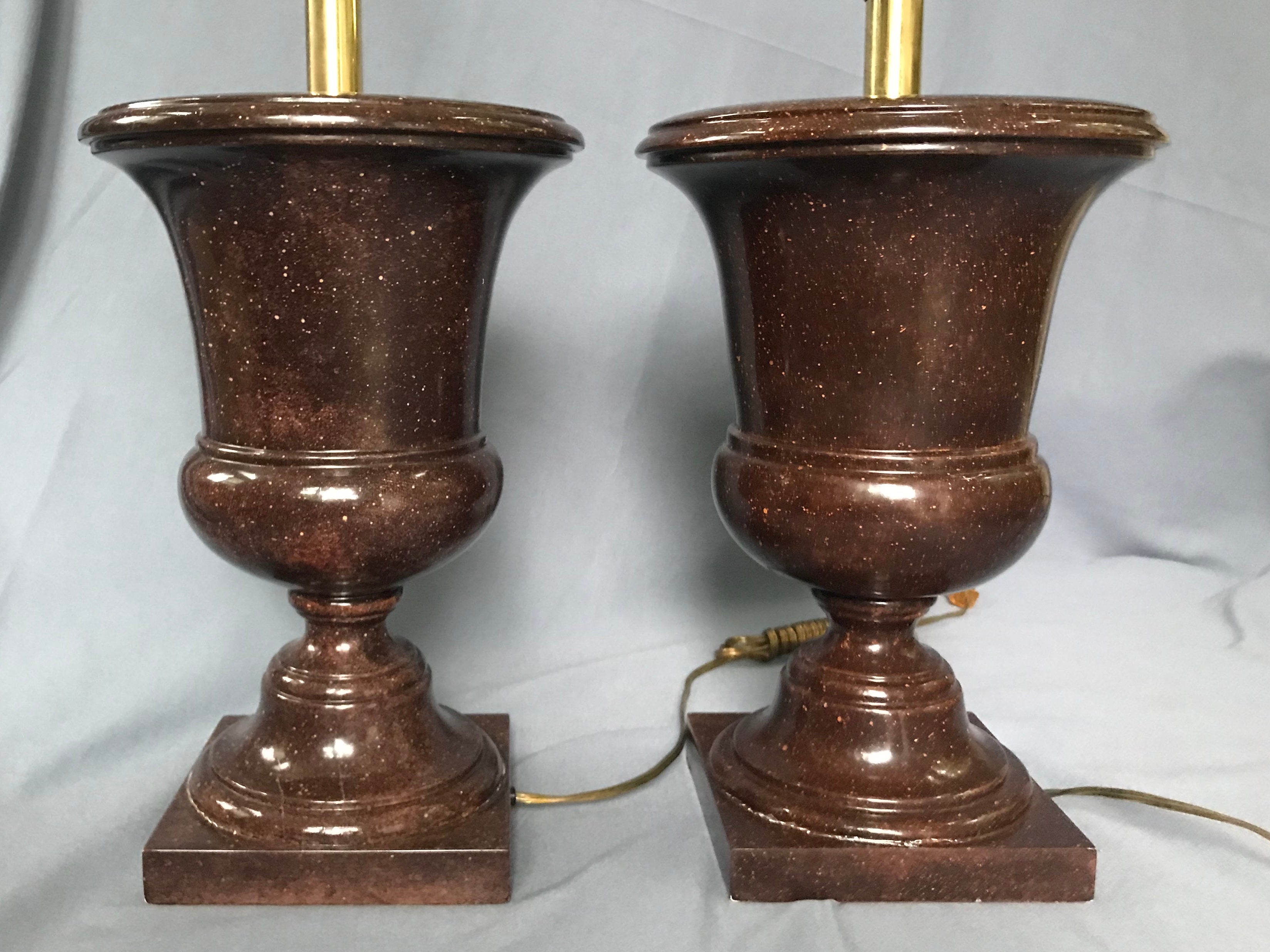 Painted Pair of Faux Porphyry Urn Form Lamps For Sale