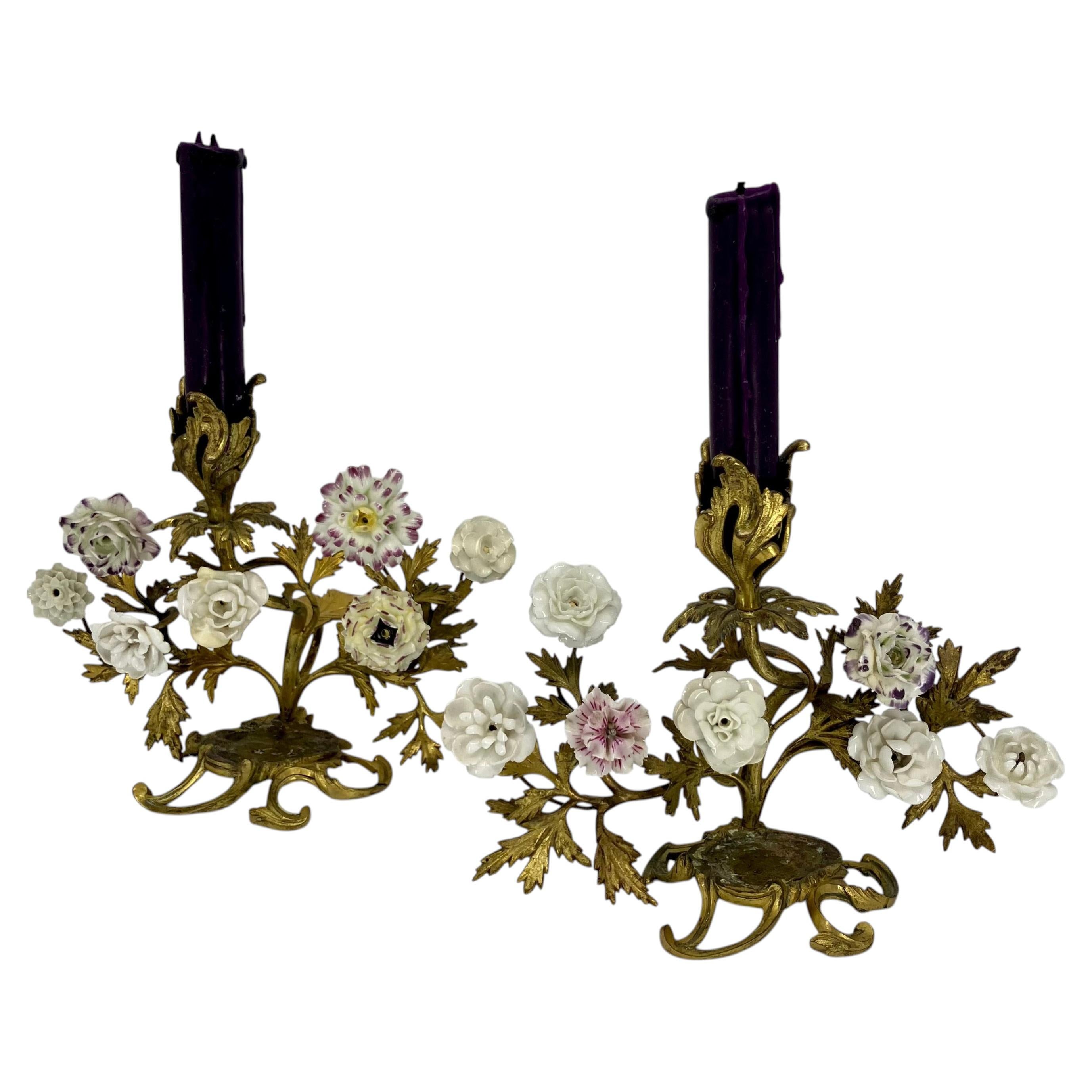 Pair Louis XV Ormolu Candlesticks with Porcelain Flowers For Sale