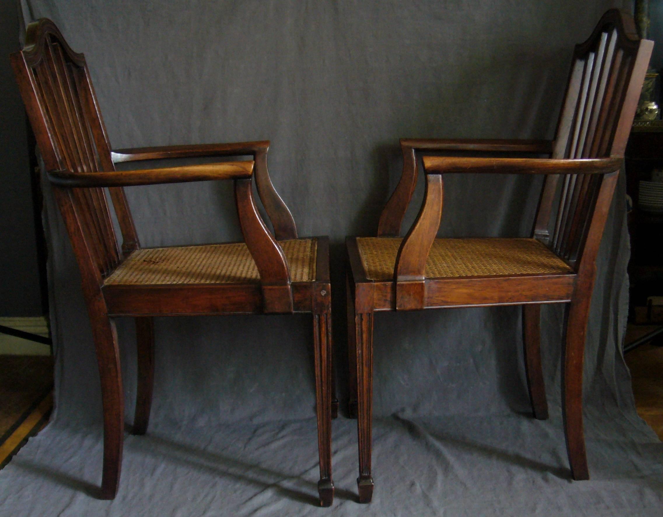 Pair of George III style mahogany armchairs. Serpentine crested mahogany slatted back armchairs with caned seat and fluted legs, England, circa 1930. 
Dimension: 21