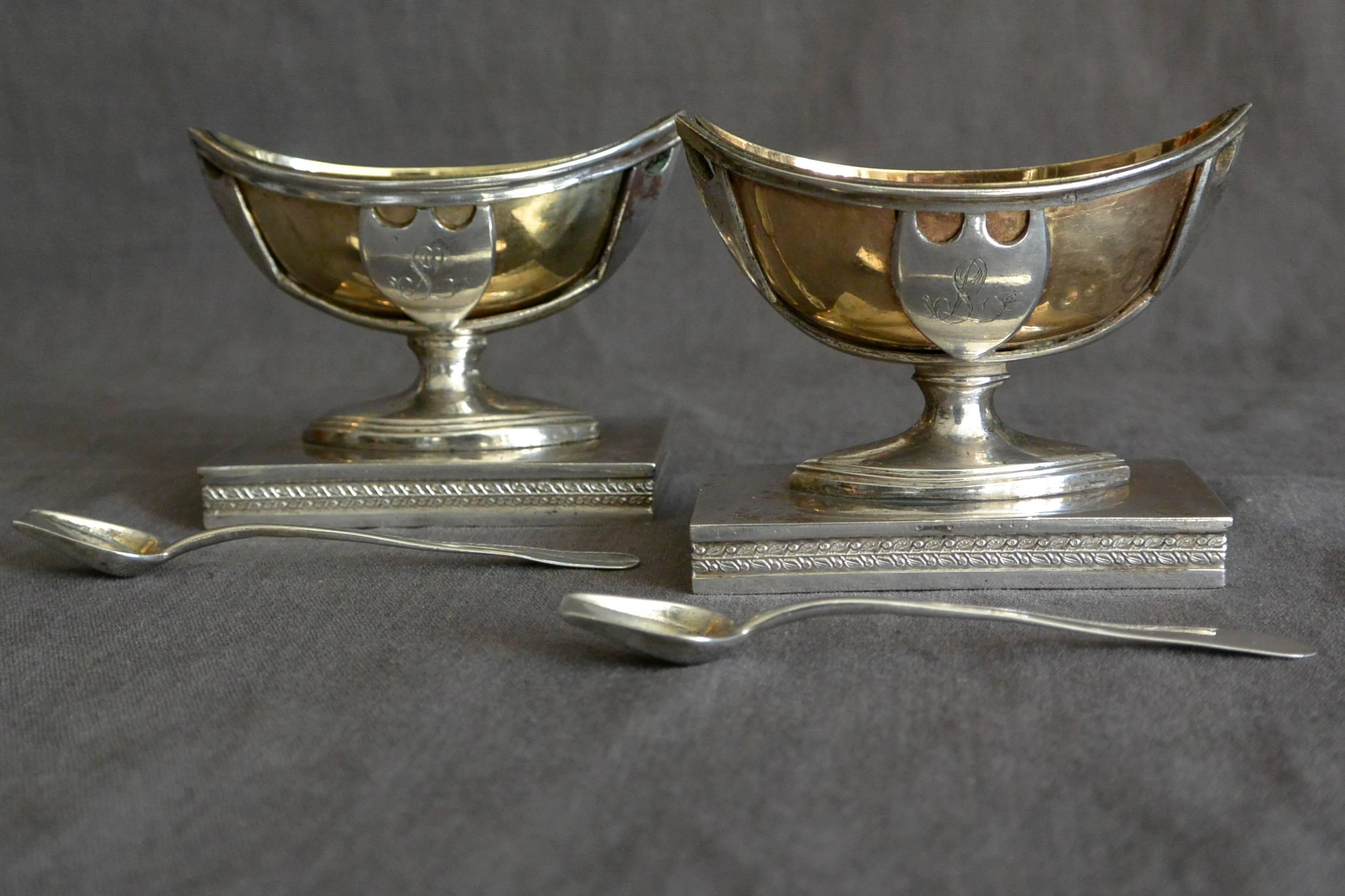 Pair nautical shaped italian silver-gilt salts. Pair silver & vermeil navette shaped salt cellars with 