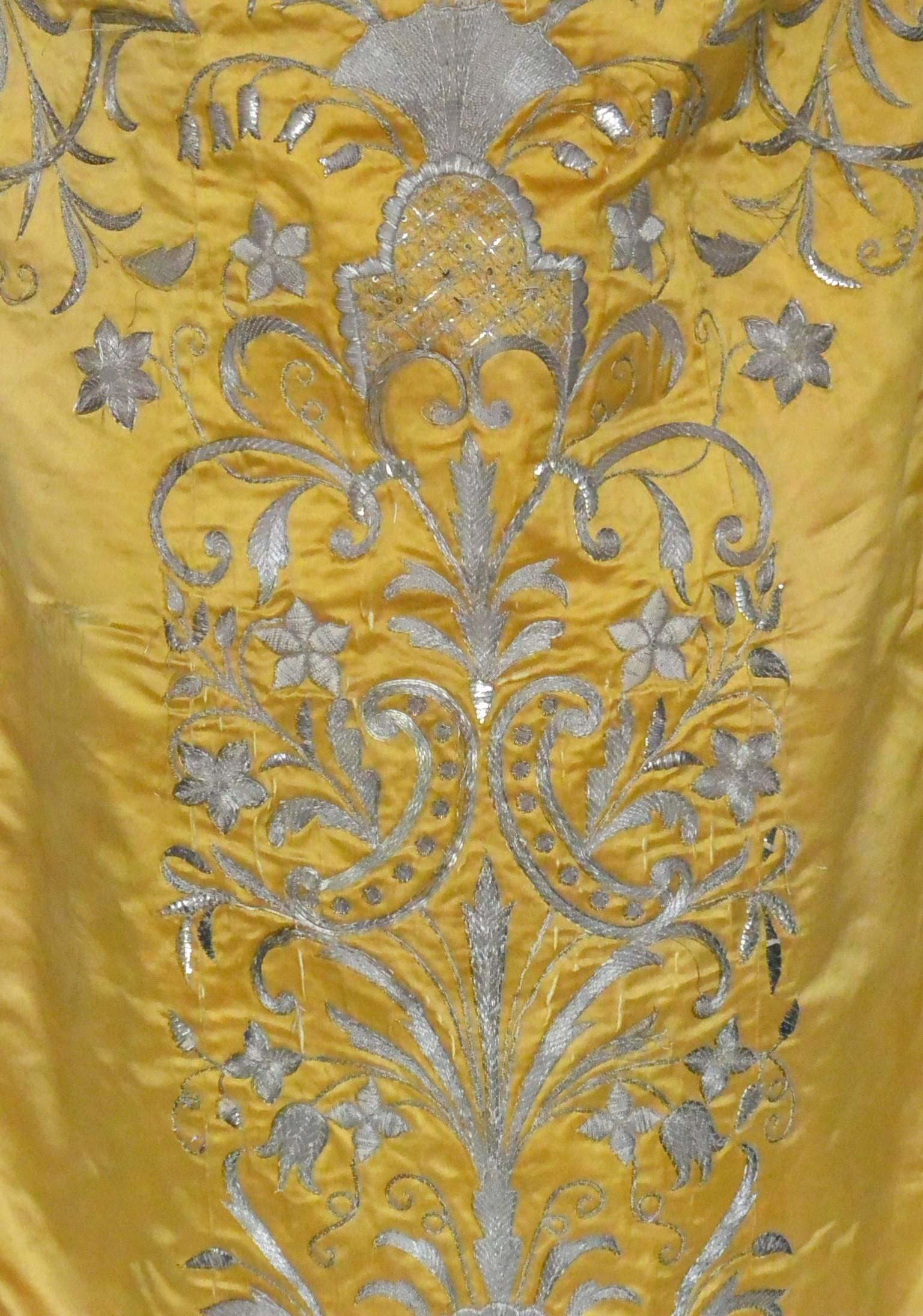 Neoclassical Silver Thread Embroidered Yellow Silk Chasuble Cape