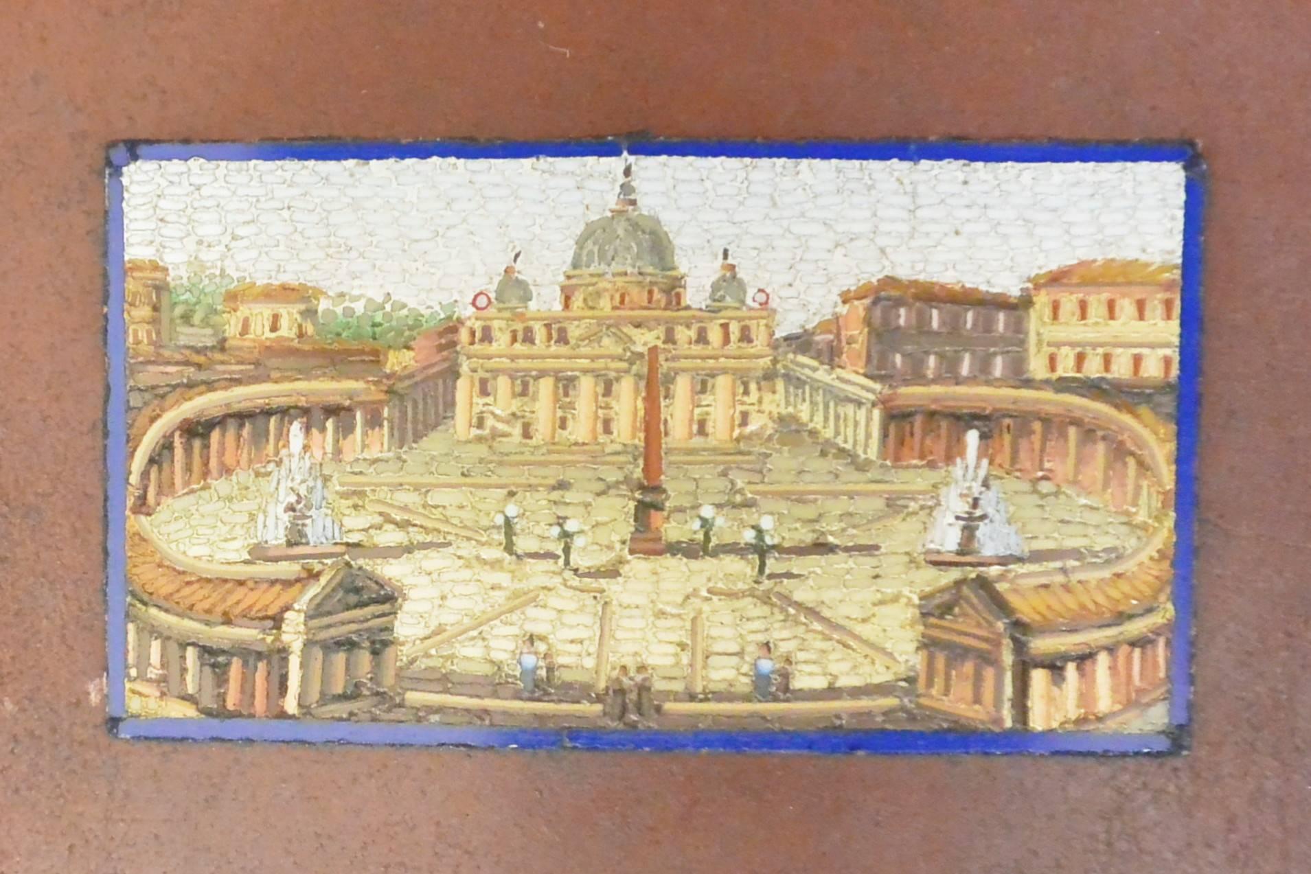 Antique silver mounted hardstone snuff box with micromosaic view of St. Peter's Cathedral, Rome. Italy, early 19th century. 
Dimension: 2.4