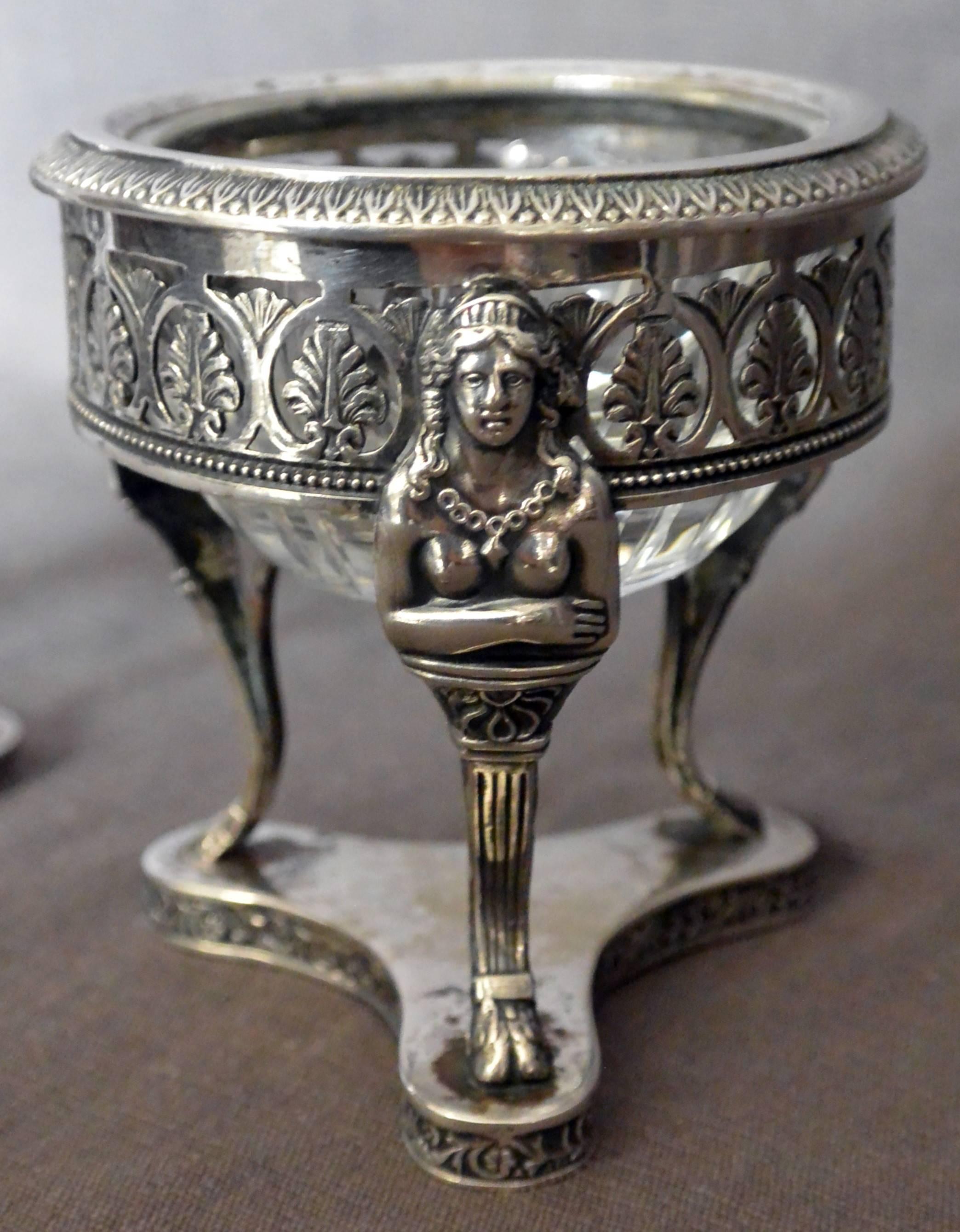 Pair Italian Neoclassical Silver Salts With Hermes In Good Condition For Sale In New York, NY