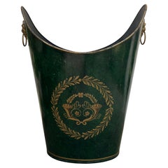 Green Tole Wastebasket With Lion Ring Handles