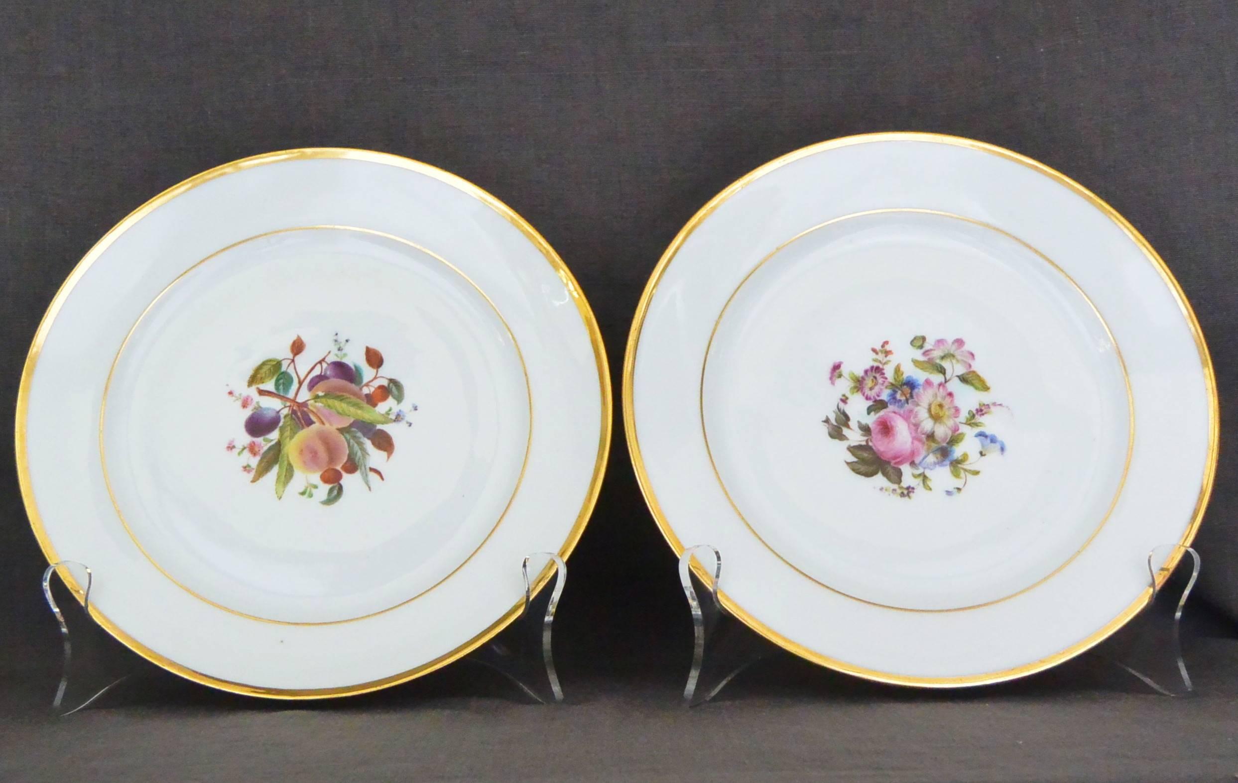 Hand-Painted Set of Ten Empire Floral Decorated Gilt Banded Plates For Sale
