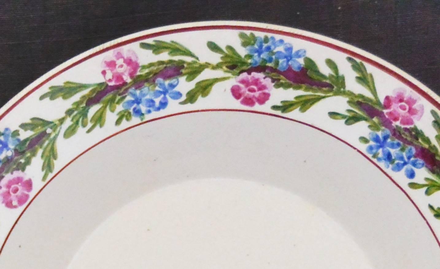 Hand-Painted Pair of Green, Pink and Blue Floral Banded Plates For Sale
