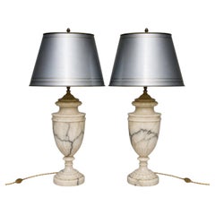 Pair Large Italian Neoclassical Black & White Marble Lamps with Grey Tole Shades